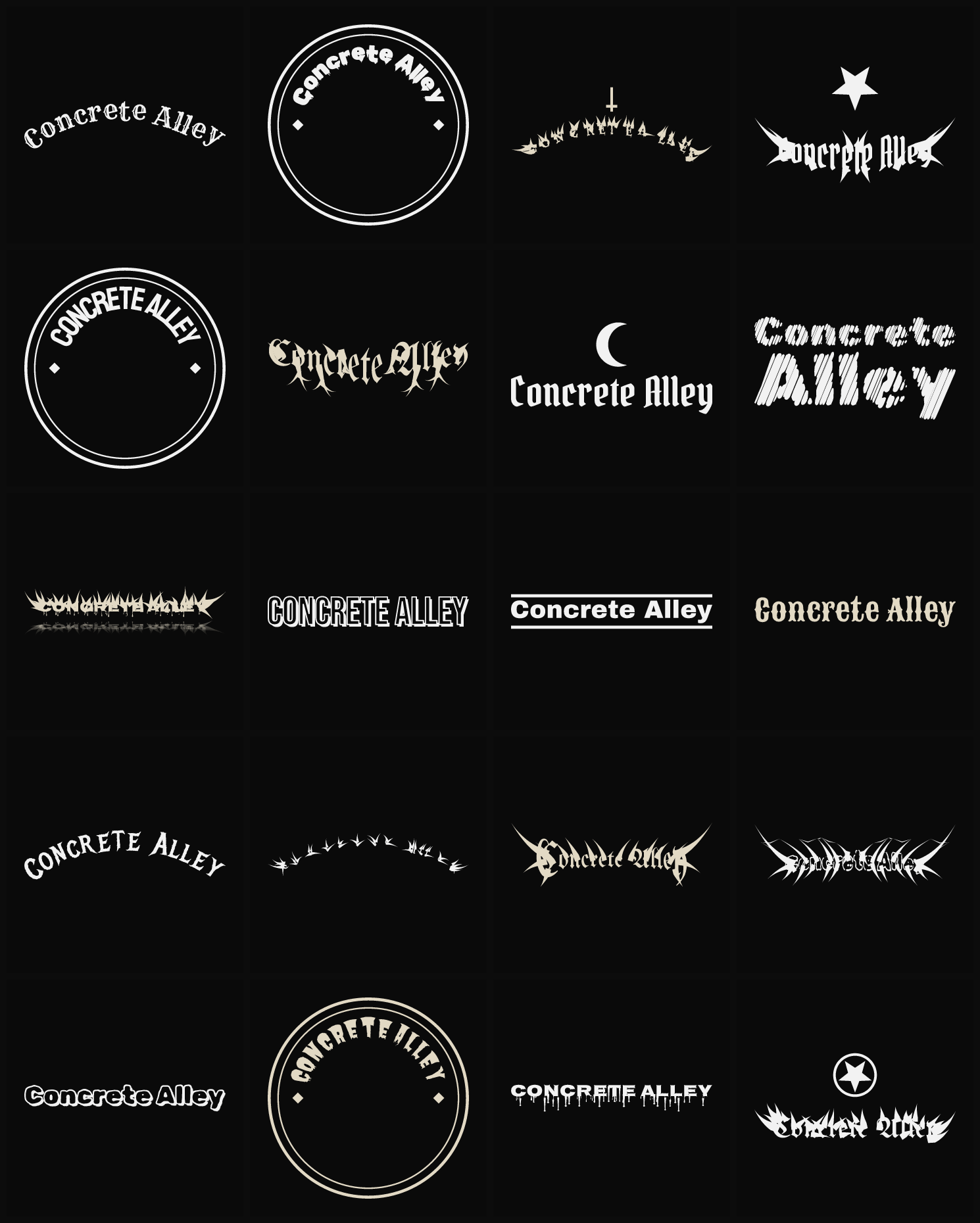 Twenty Concrete Alley band logo ideas — different faces, treatments and spike settings