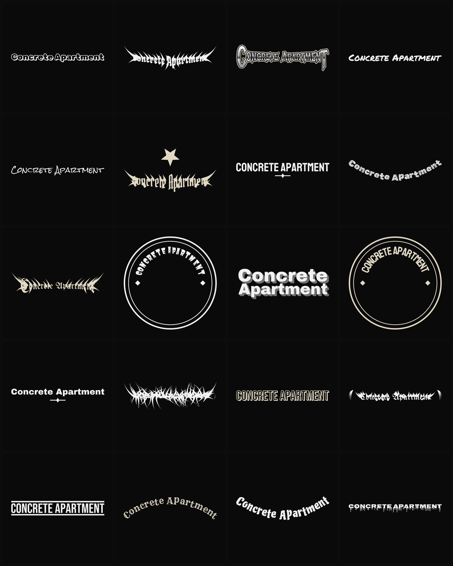 Twenty Concrete Apartment band logo ideas — different faces, treatments and spike settings