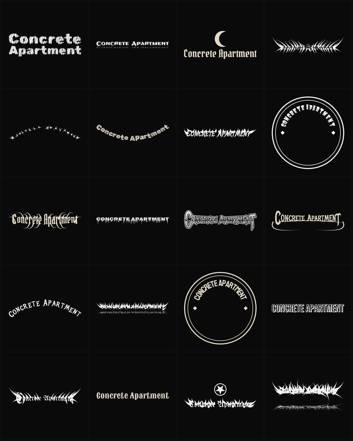 Twenty Concrete Apartment band logo ideas — different faces, treatments and spike settings