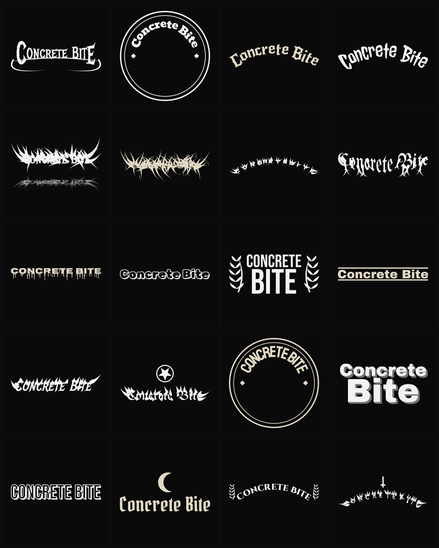 Twenty Concrete Bite band logo ideas — different faces, treatments and spike settings