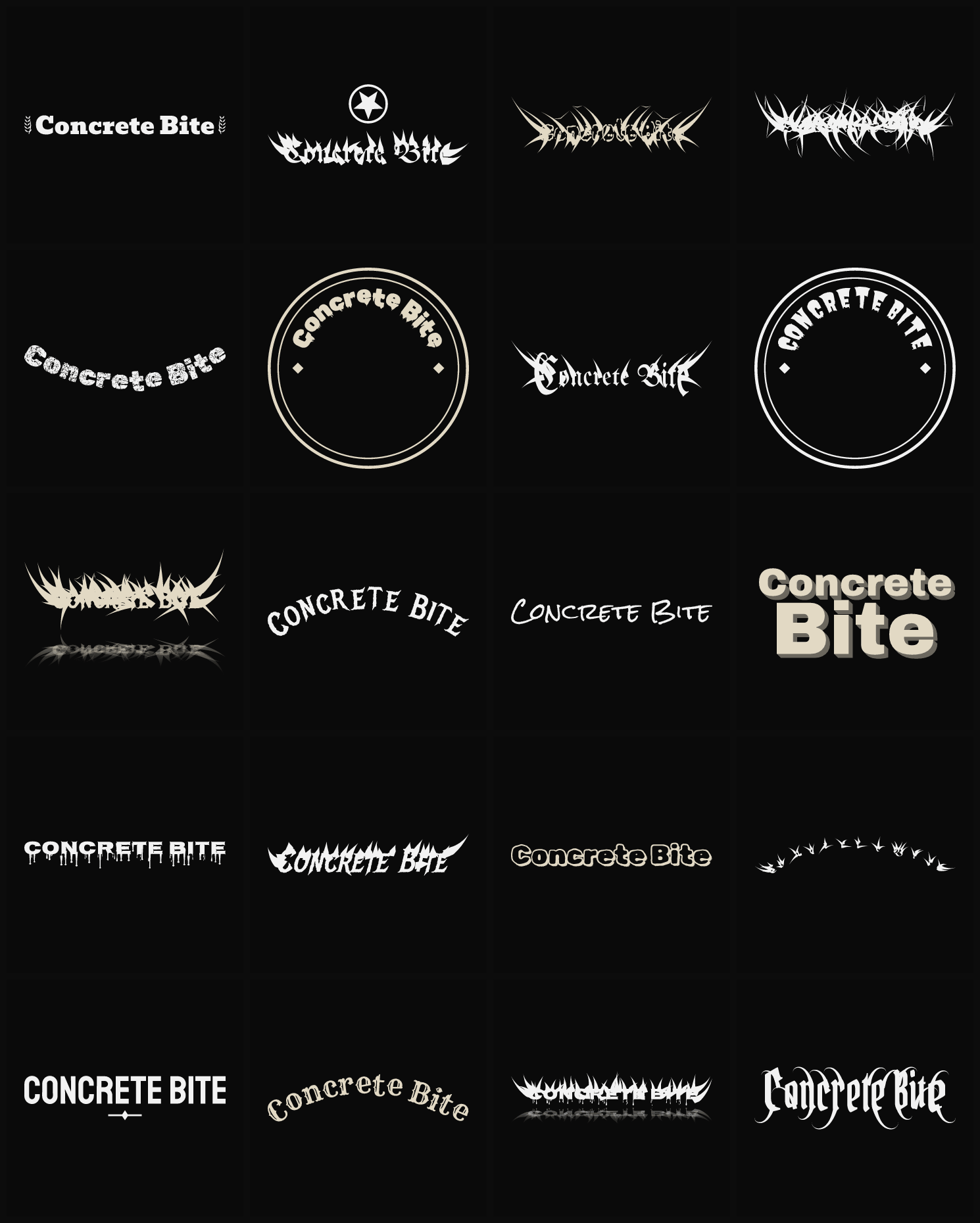Twenty Concrete Bite band logo ideas — different faces, treatments and spike settings