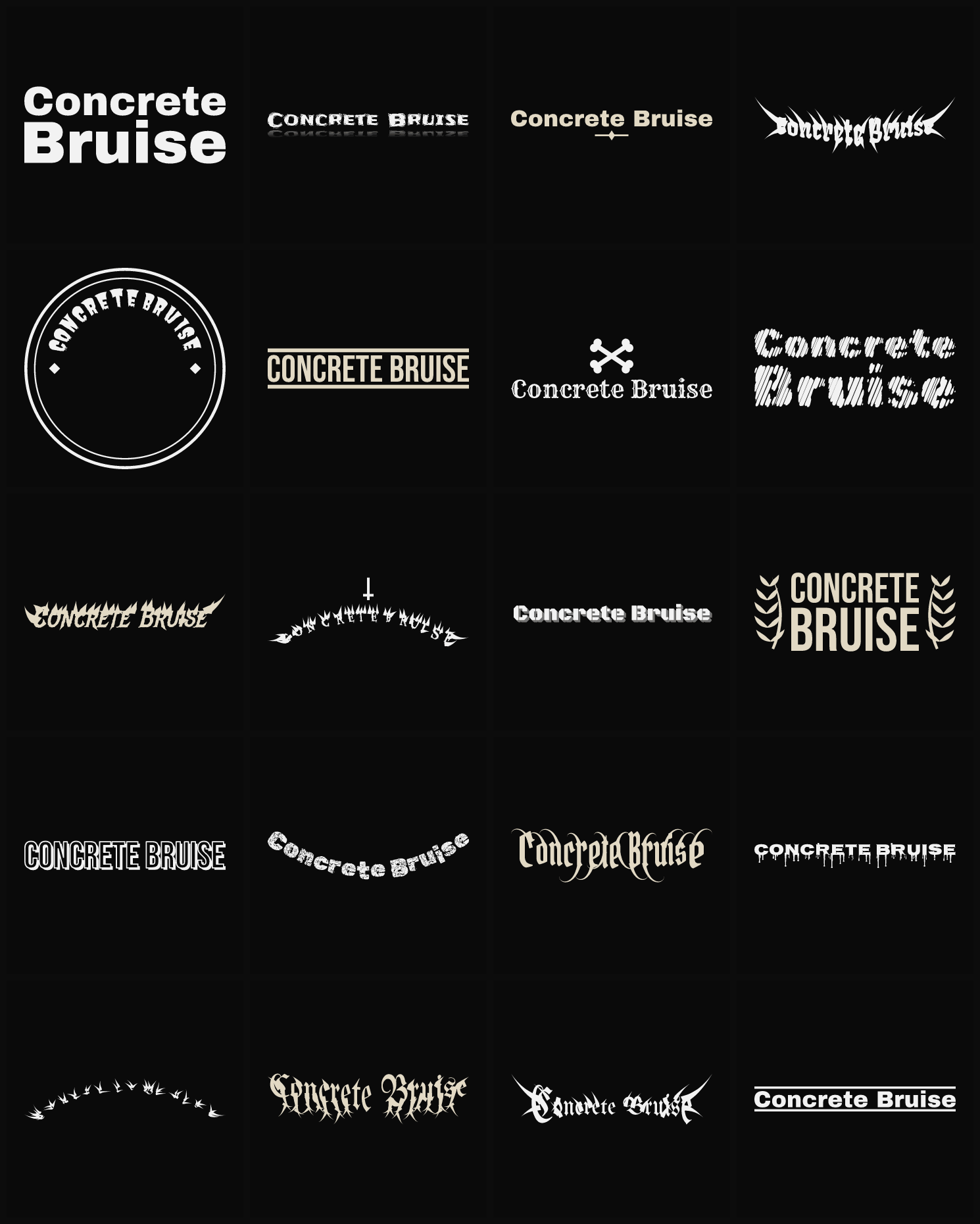 Twenty Concrete Bruise band logo ideas — different faces, treatments and spike settings