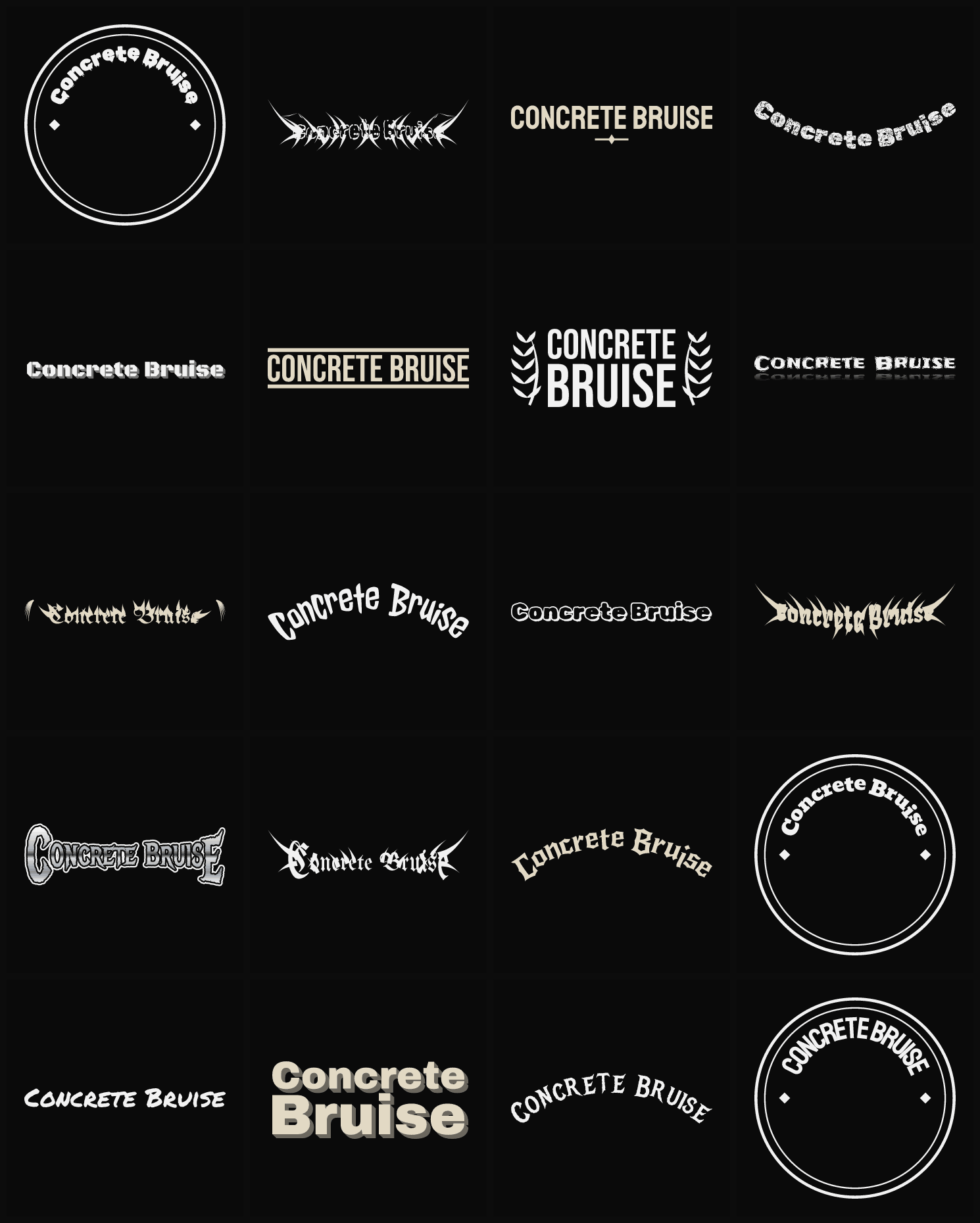 Twenty Concrete Bruise band logo ideas — different faces, treatments and spike settings