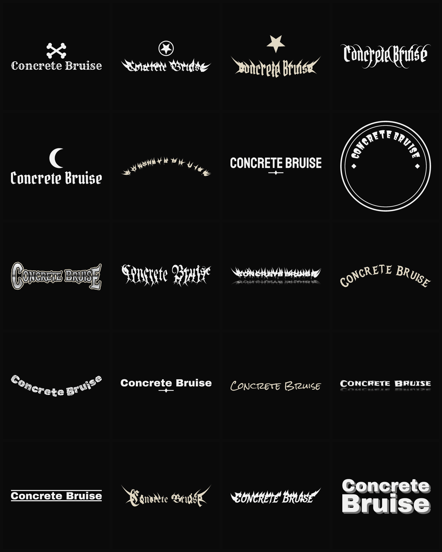 Twenty Concrete Bruise band logo ideas — different faces, treatments and spike settings