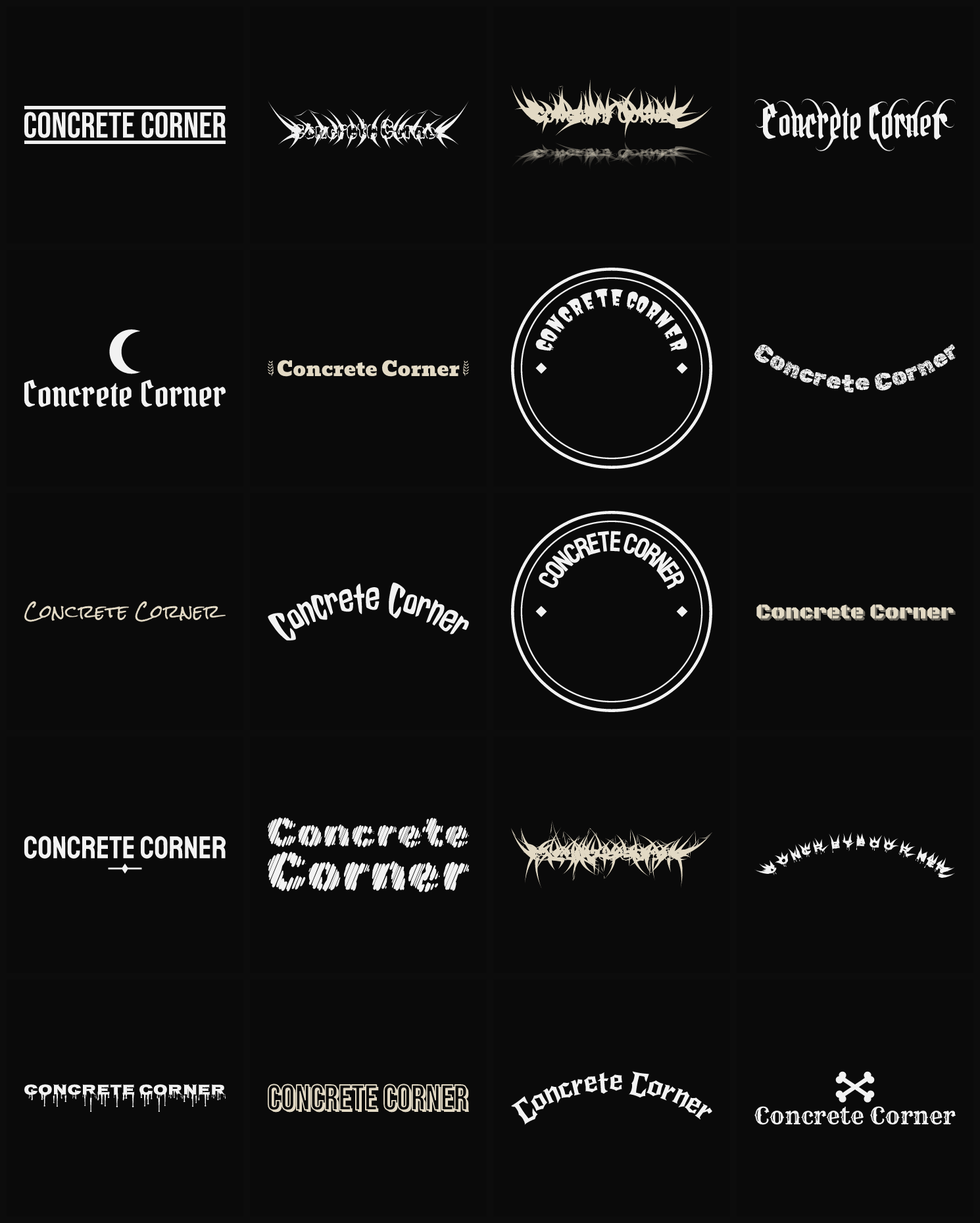 Twenty Concrete Corner band logo ideas — different faces, treatments and spike settings