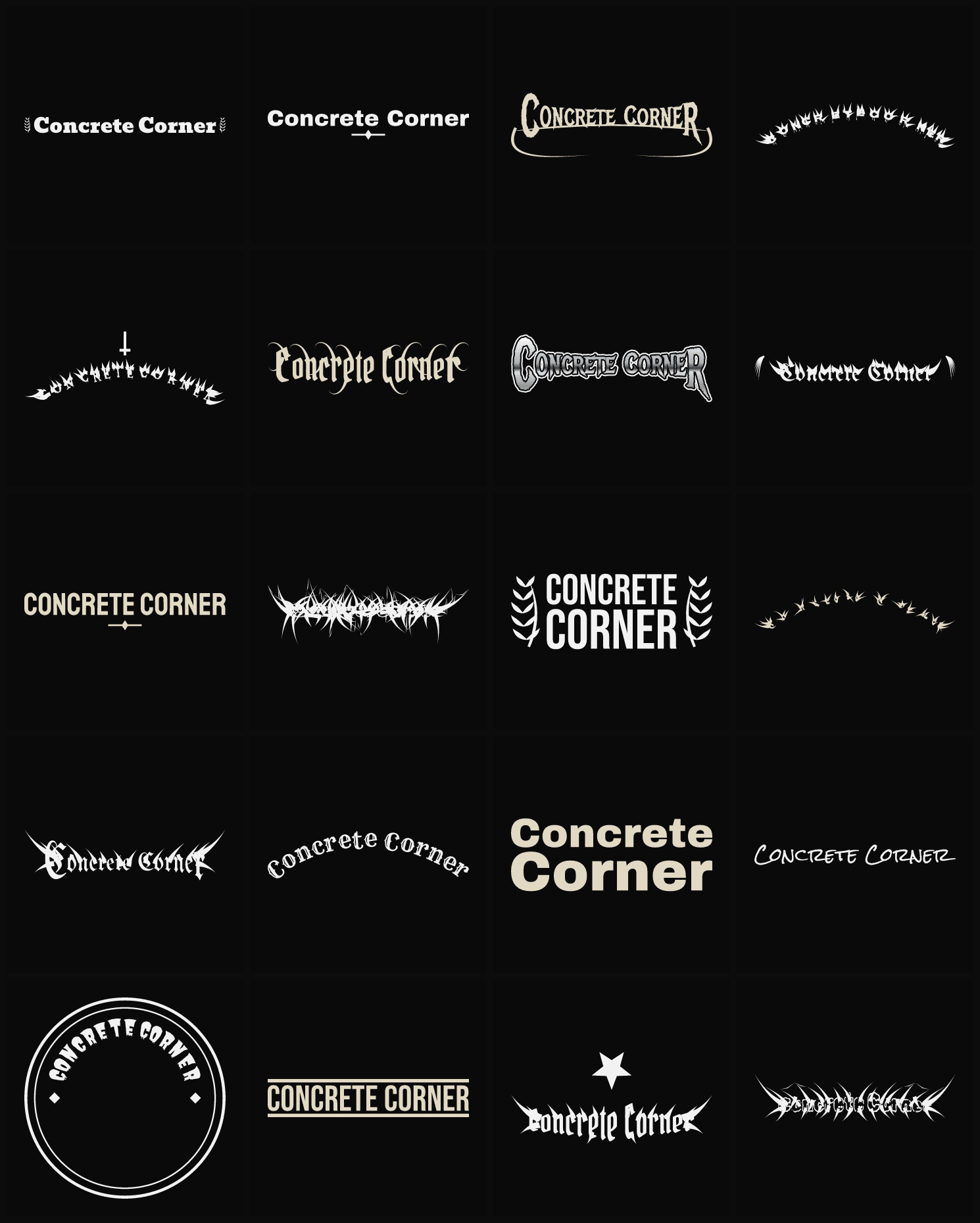 Twenty Concrete Corner band logo ideas — different faces, treatments and spike settings