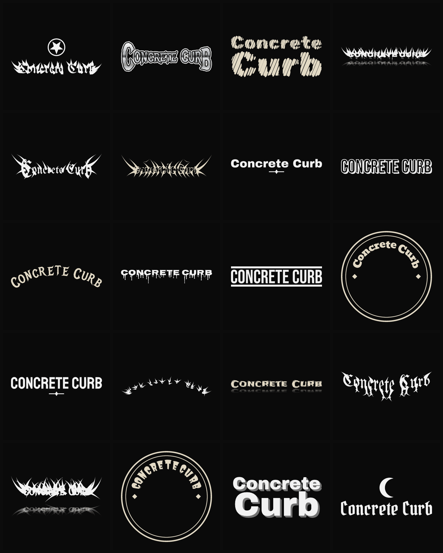 Twenty Concrete Curb band logo ideas — different faces, treatments and spike settings