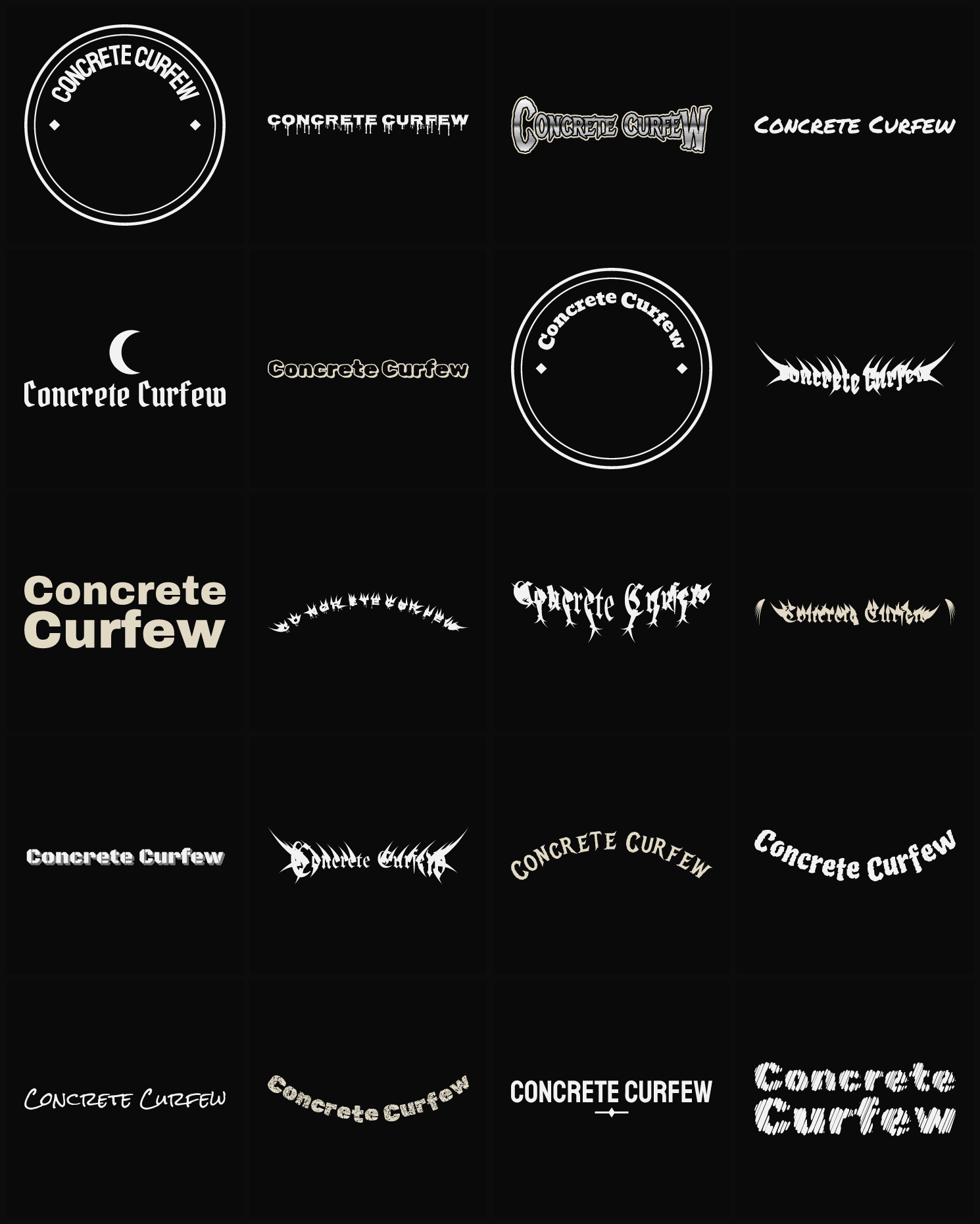 Twenty Concrete Curfew band logo ideas — different faces, treatments and spike settings