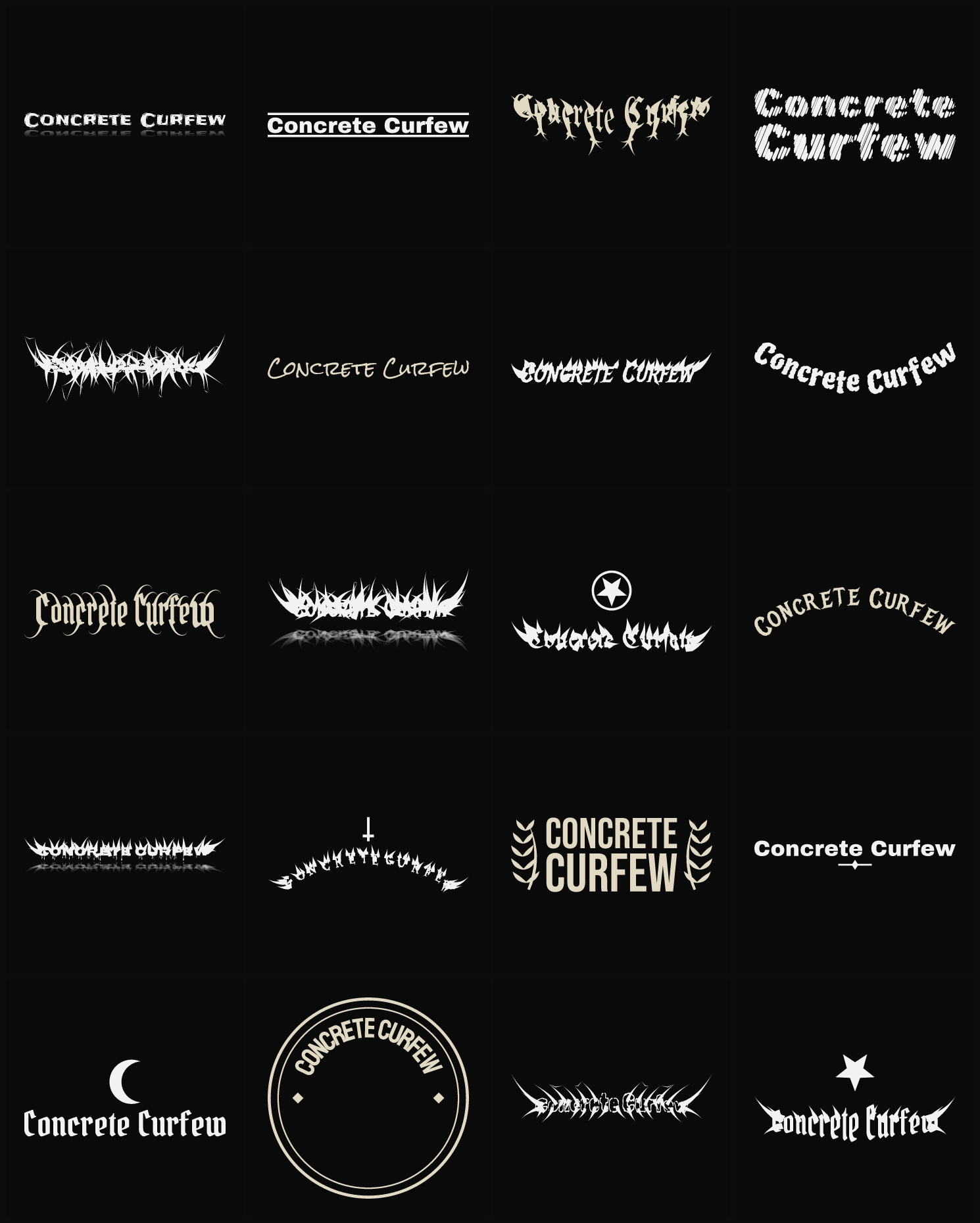 Twenty Concrete Curfew band logo ideas — different faces, treatments and spike settings