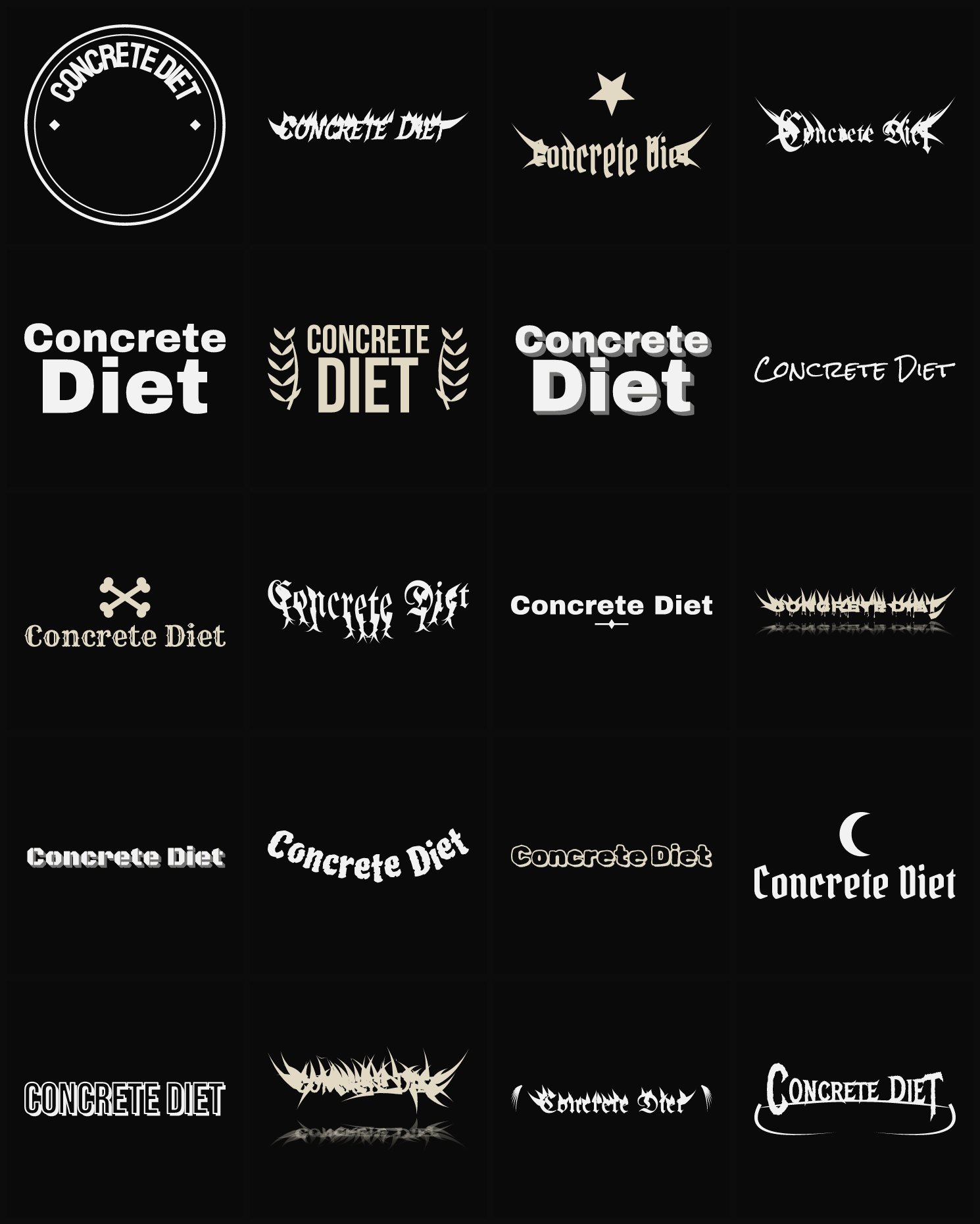 Twenty Concrete Diet band logo ideas — different faces, treatments and spike settings