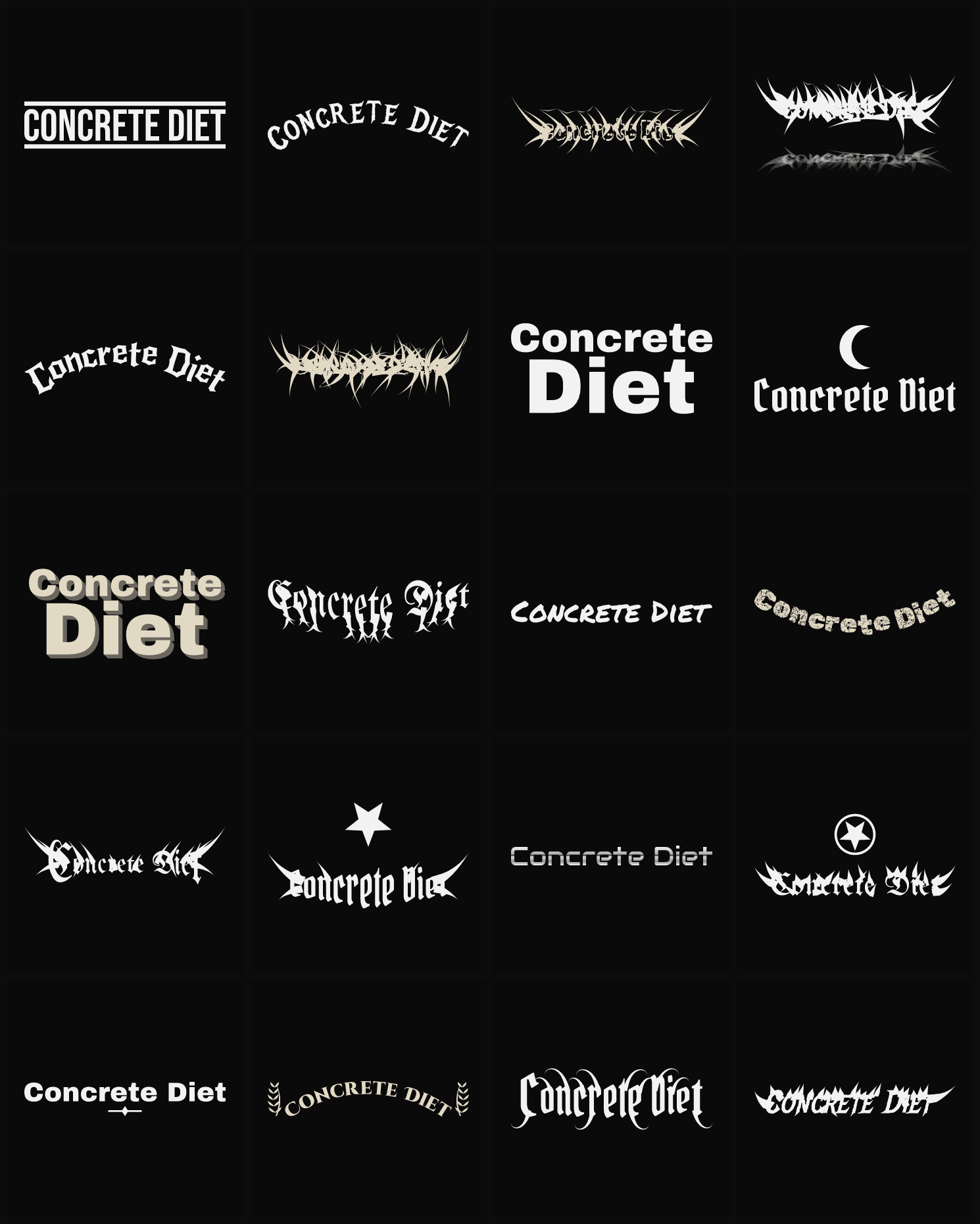 Twenty Concrete Diet band logo ideas — different faces, treatments and spike settings