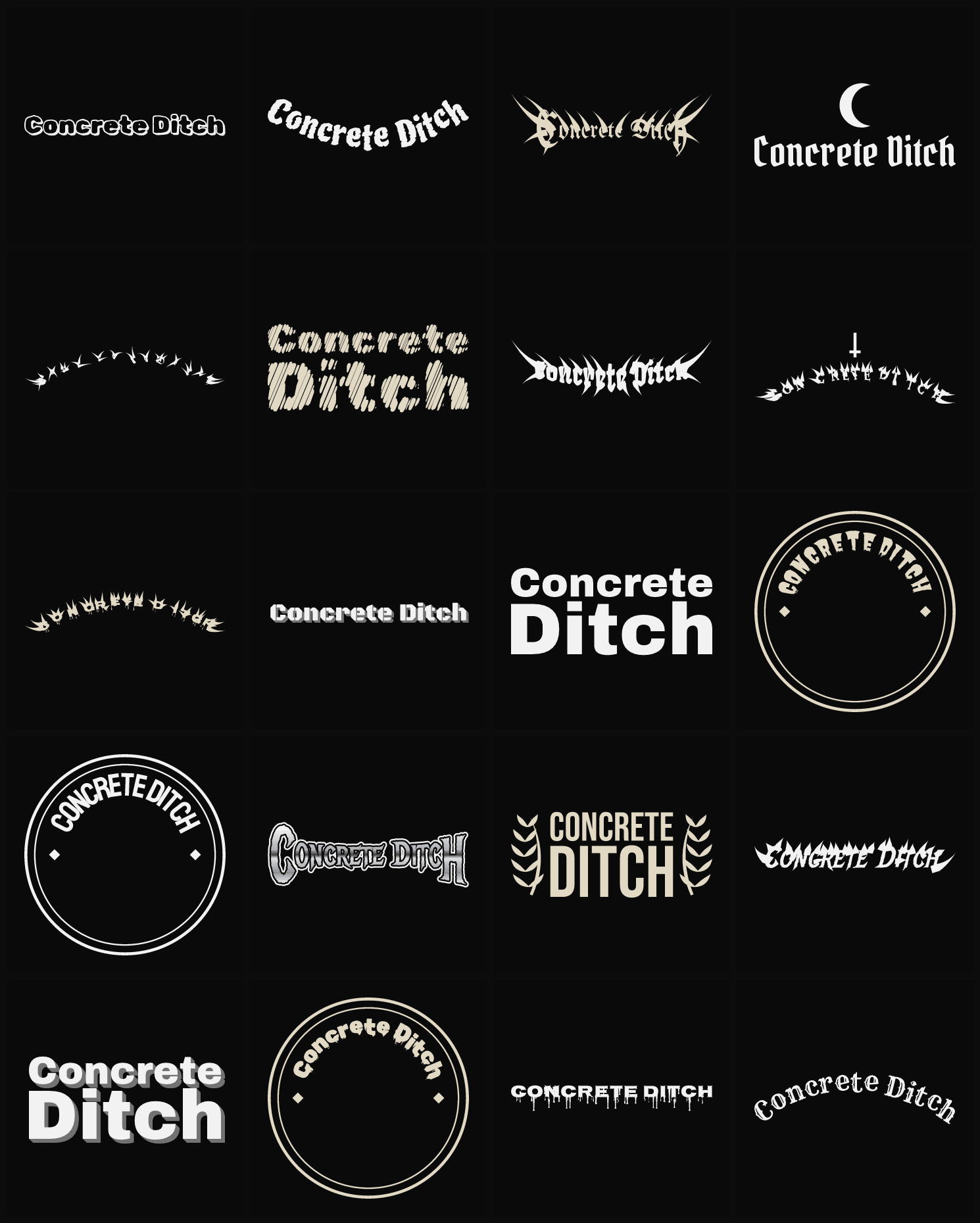 Twenty Concrete Ditch band logo ideas — different faces, treatments and spike settings