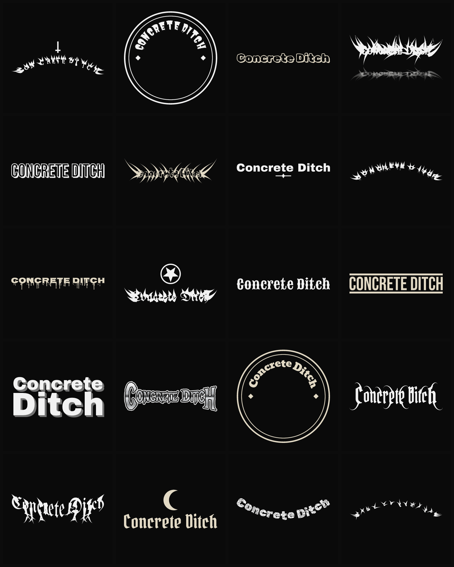 Twenty Concrete Ditch band logo ideas — different faces, treatments and spike settings