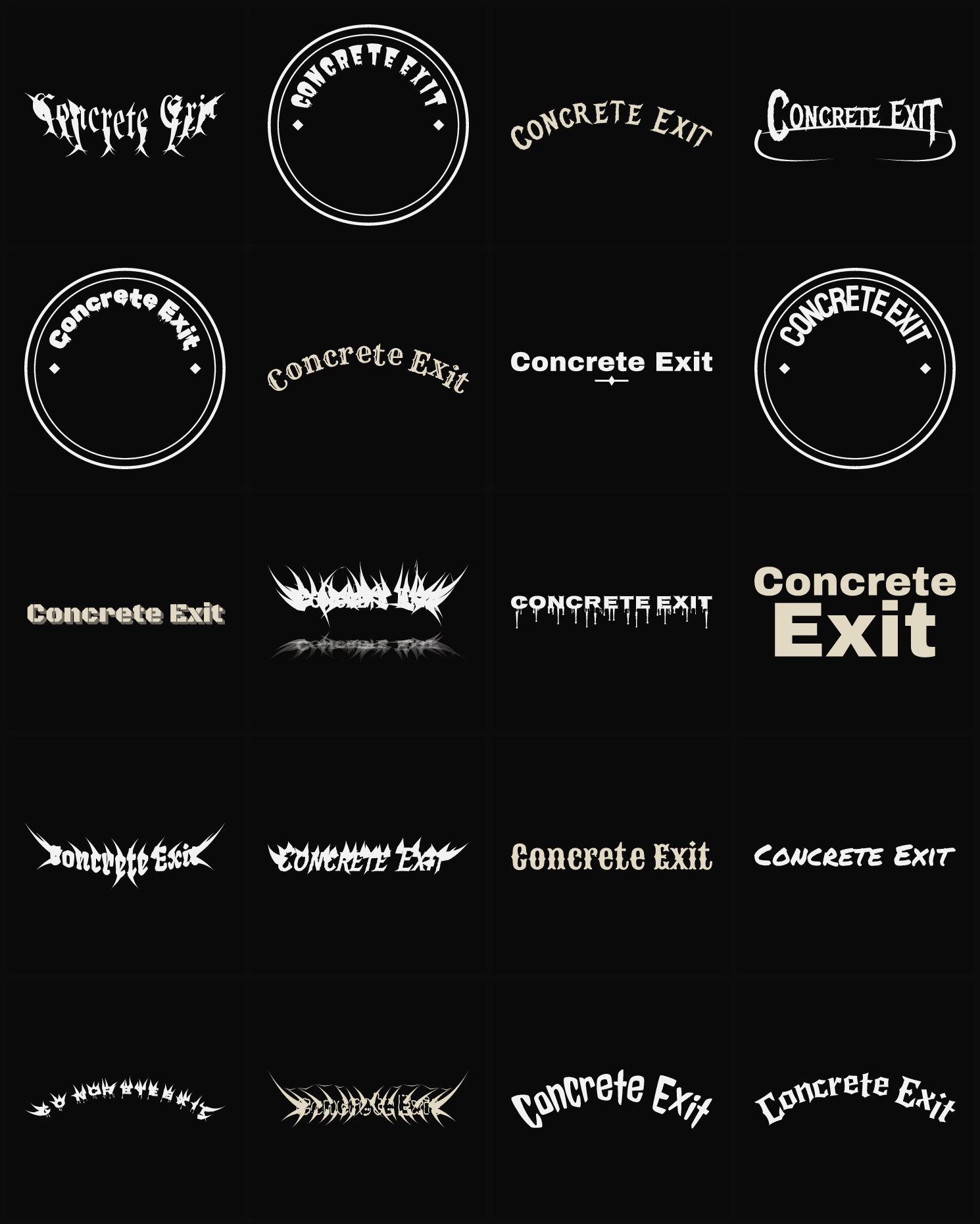 Twenty Concrete Exit band logo ideas — different faces, treatments and spike settings