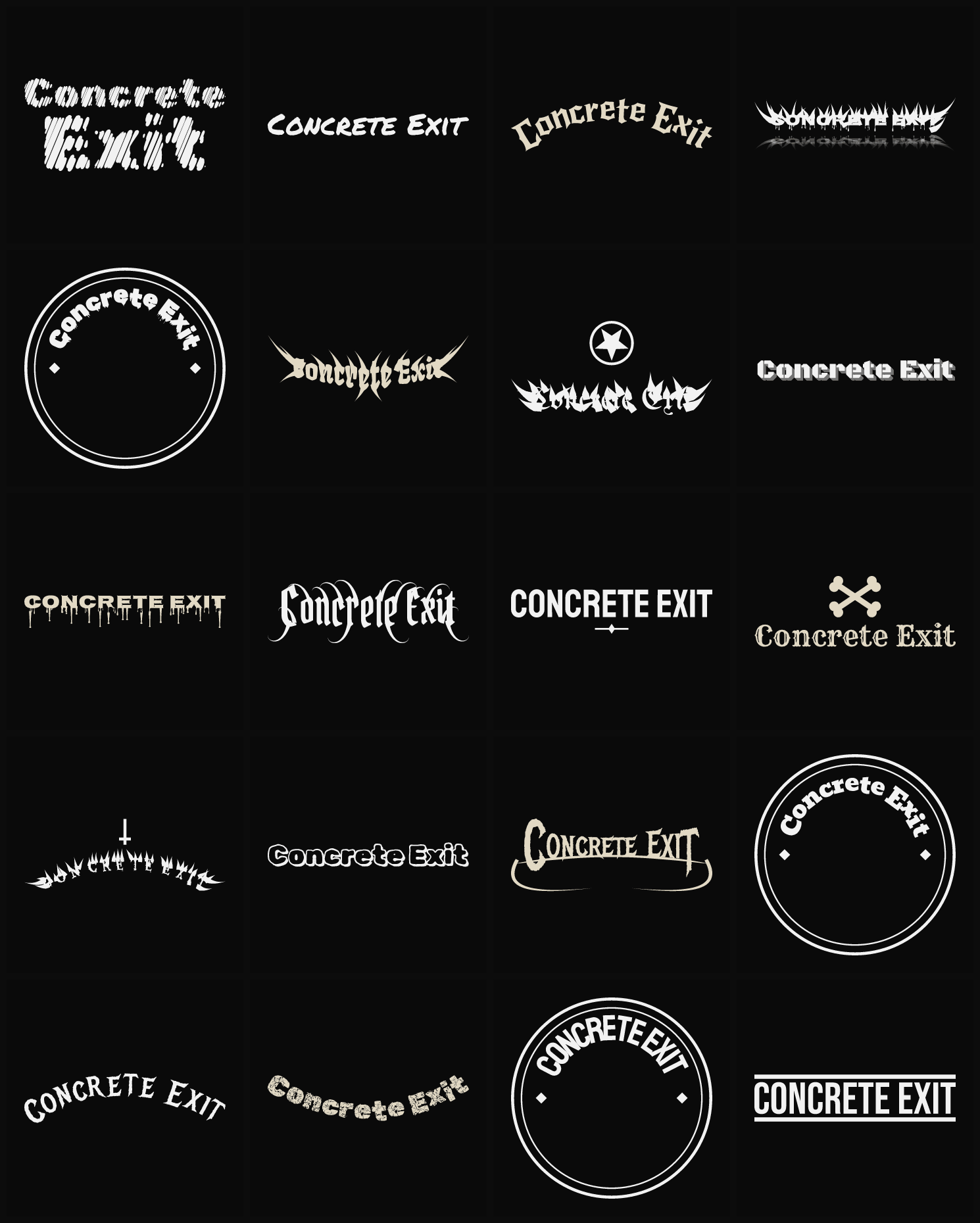 Twenty Concrete Exit band logo ideas — different faces, treatments and spike settings