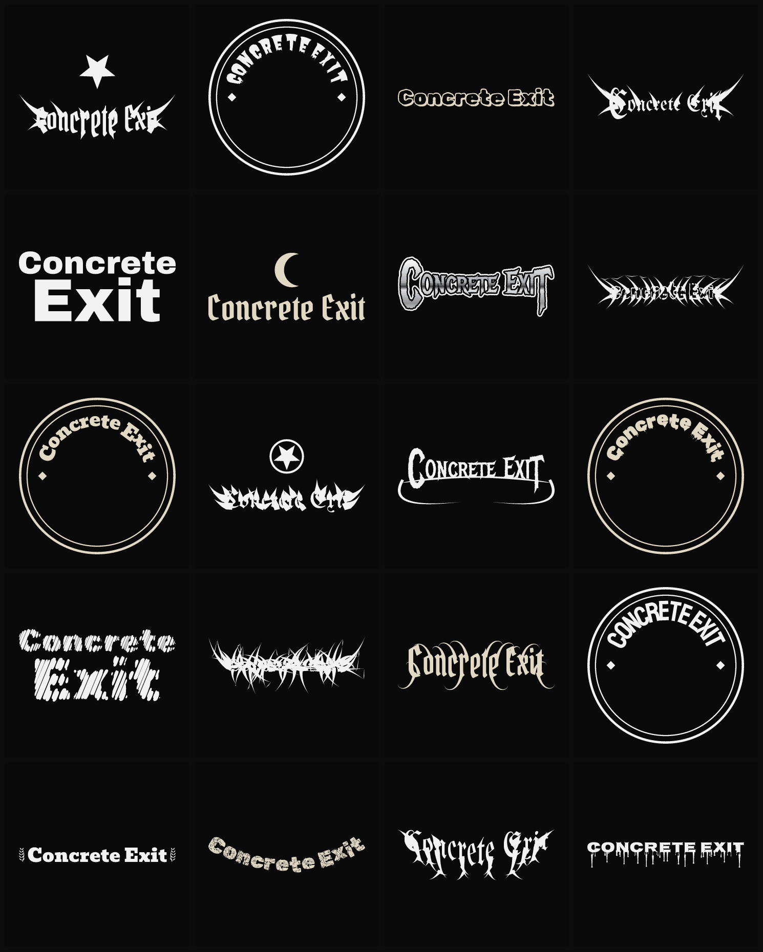 Twenty Concrete Exit band logo ideas — different faces, treatments and spike settings