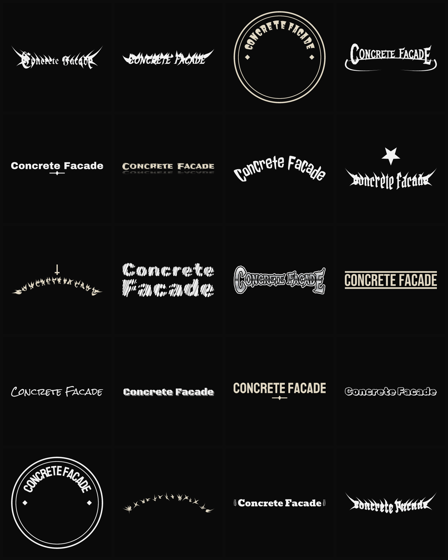Twenty Concrete Facade band logo ideas — different faces, treatments and spike settings