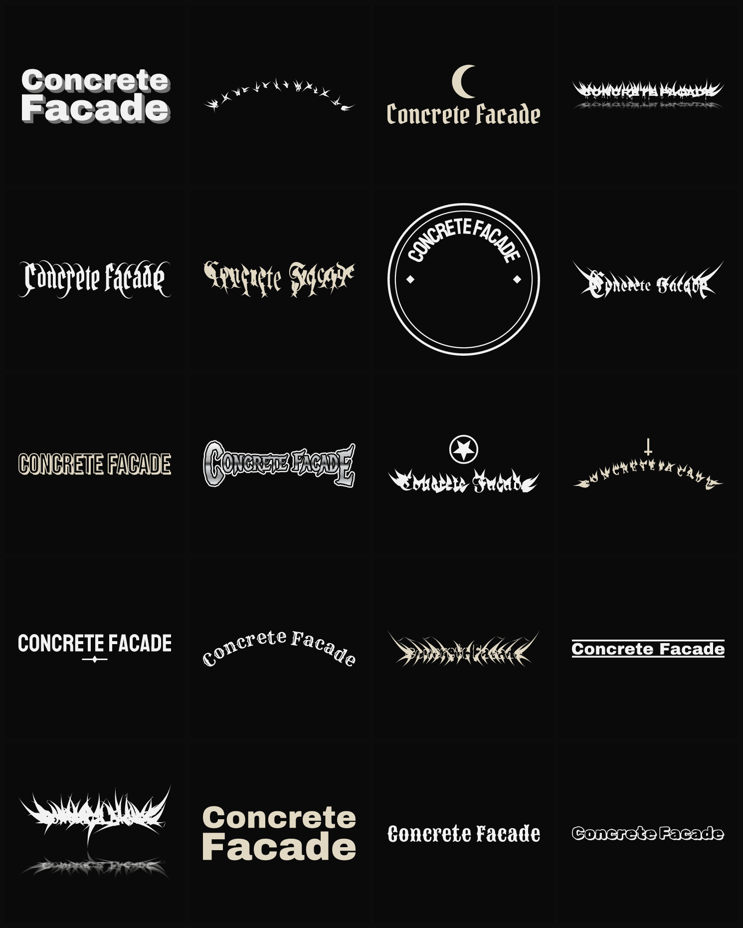 Twenty Concrete Facade band logo ideas — different faces, treatments and spike settings