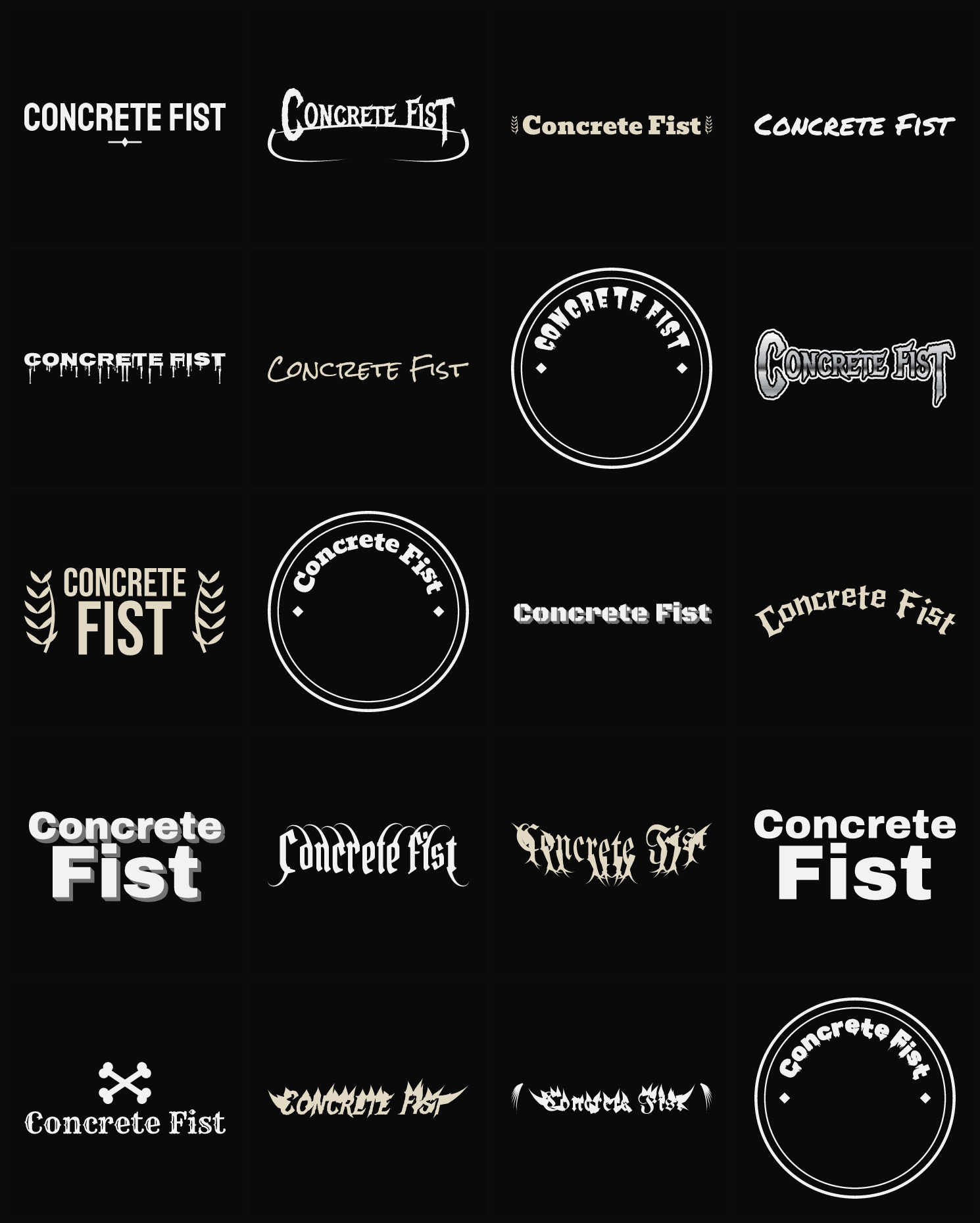 Twenty Concrete Fist band logo ideas — different faces, treatments and spike settings
