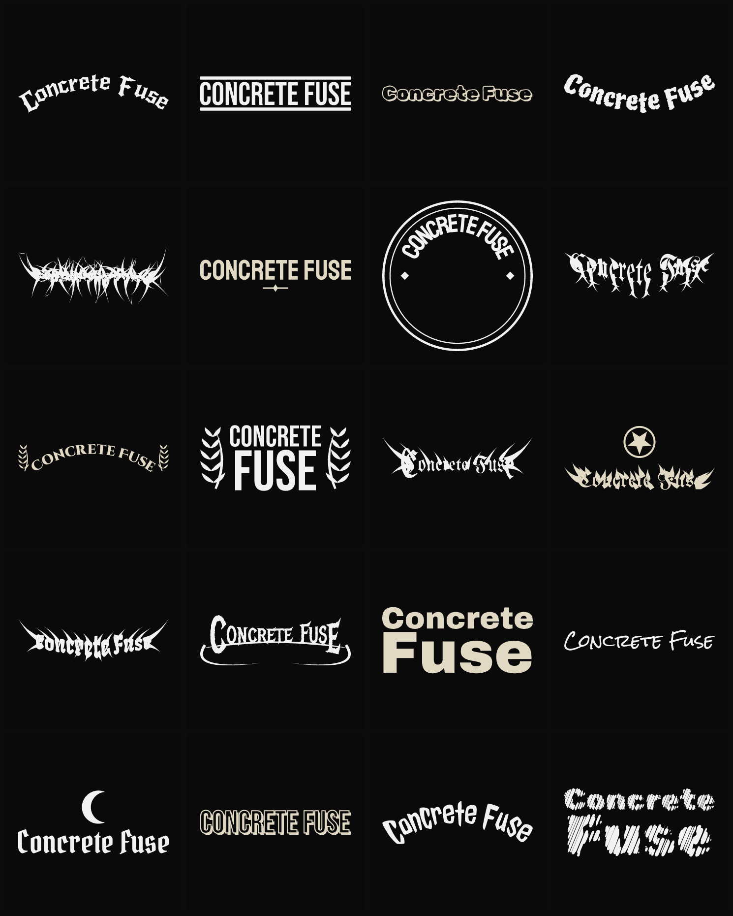 Twenty Concrete Fuse band logo ideas — different faces, treatments and spike settings