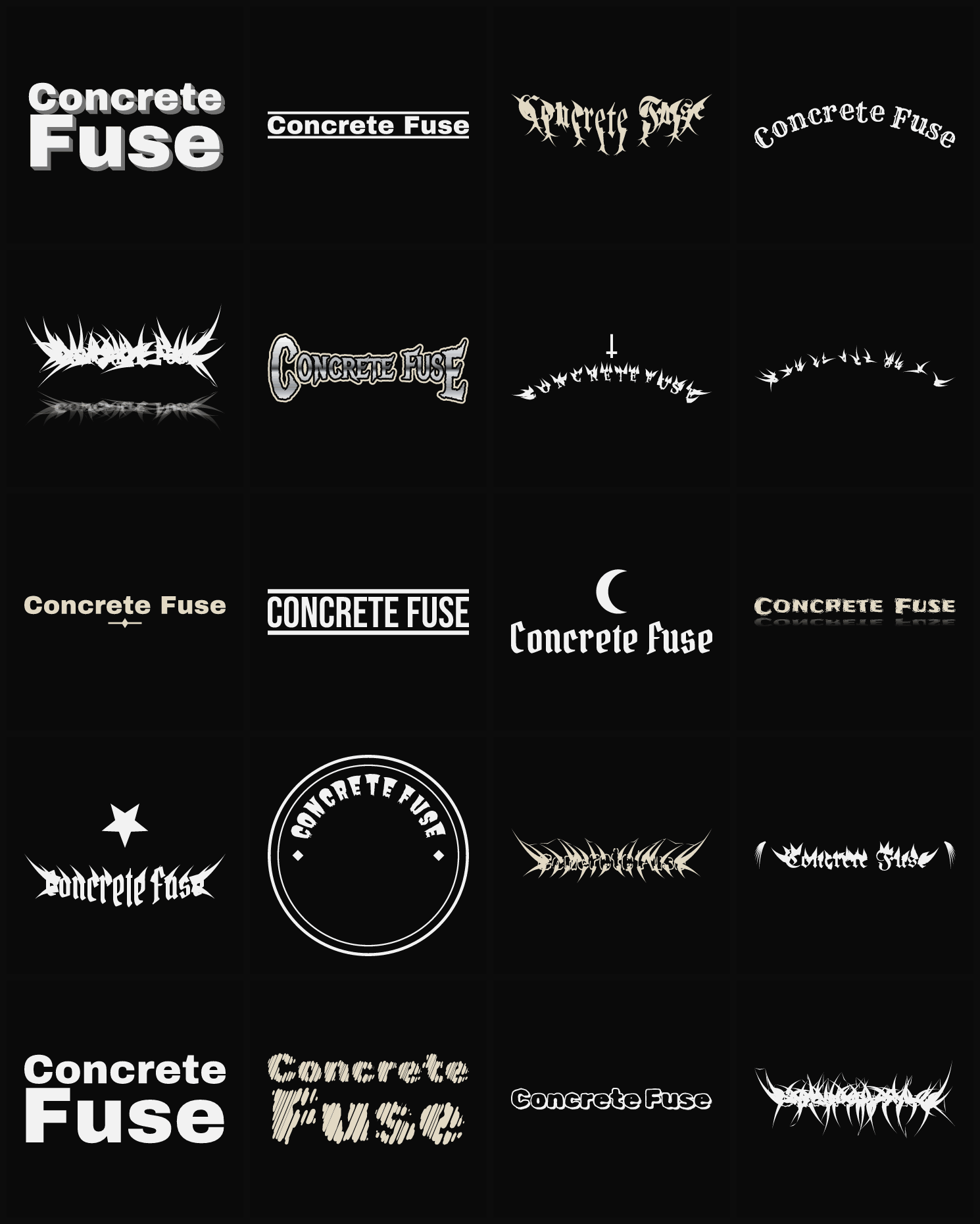 Twenty Concrete Fuse band logo ideas — different faces, treatments and spike settings