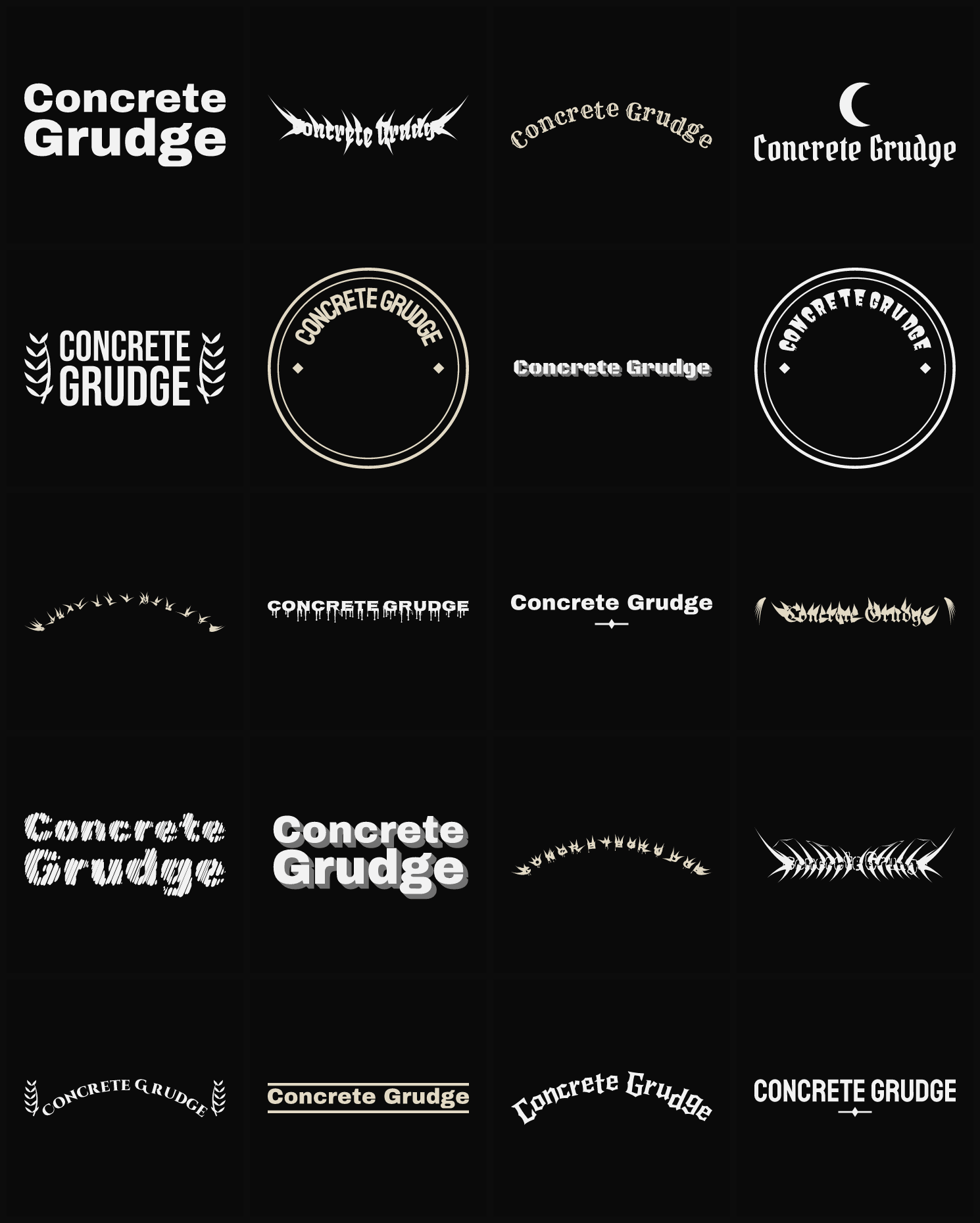 Twenty Concrete Grudge band logo ideas — different faces, treatments and spike settings
