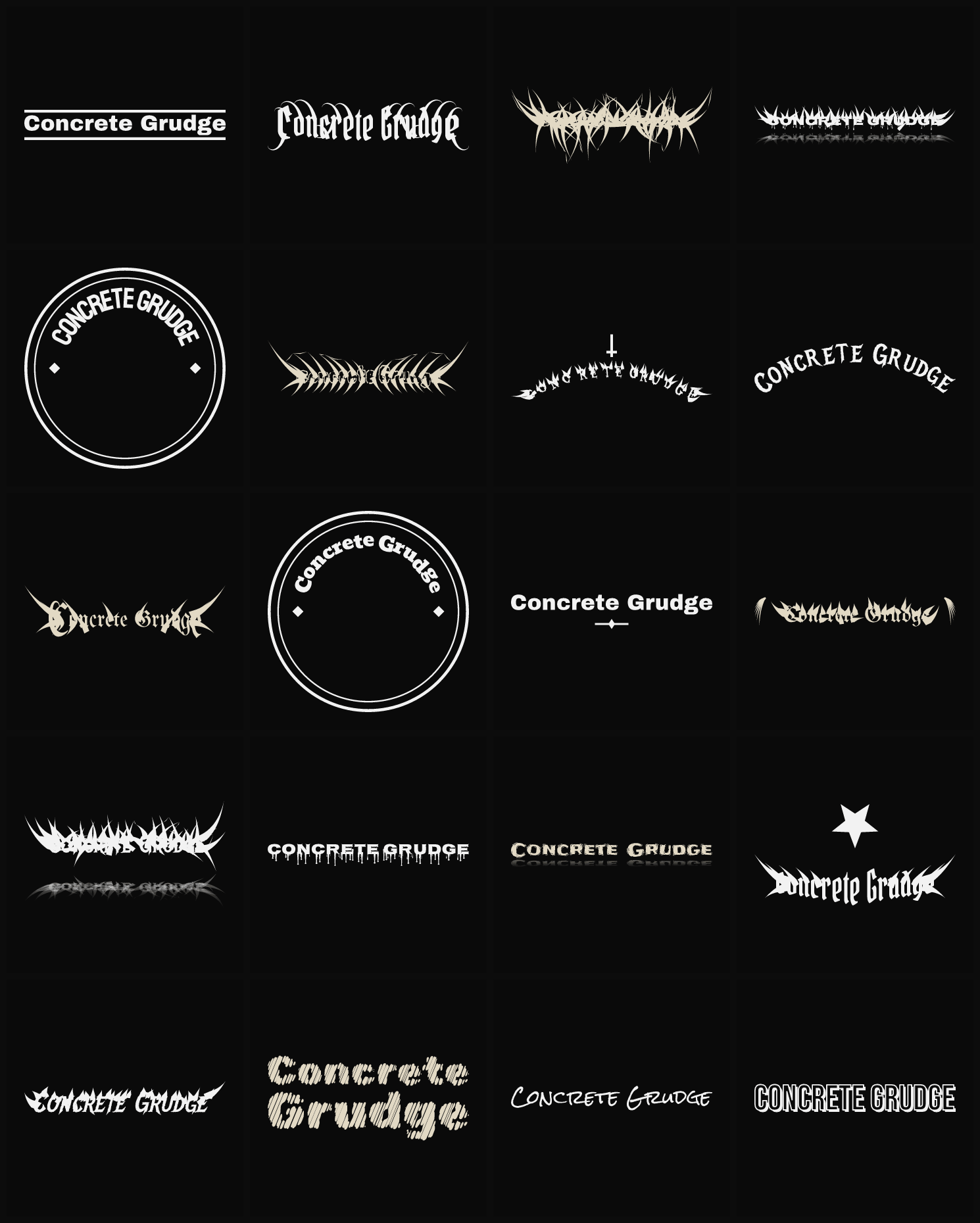 Twenty Concrete Grudge band logo ideas — different faces, treatments and spike settings