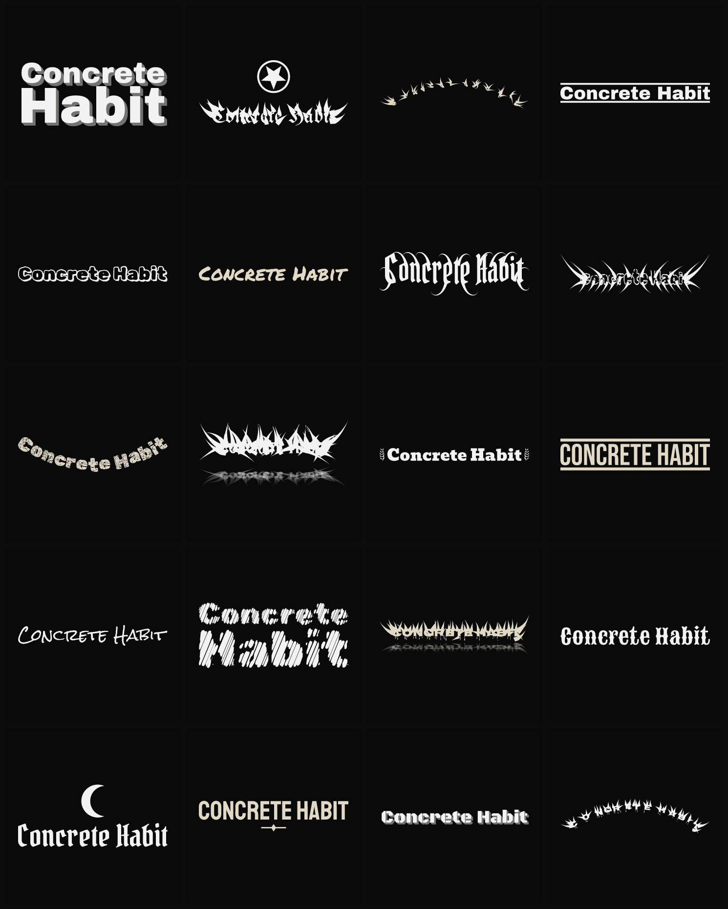 Twenty Concrete Habit band logo ideas — different faces, treatments and spike settings