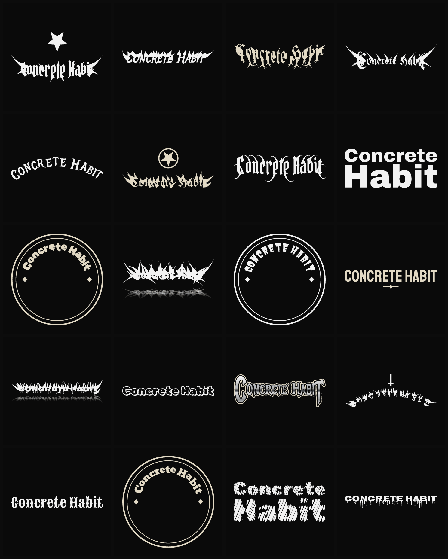 Twenty Concrete Habit band logo ideas — different faces, treatments and spike settings