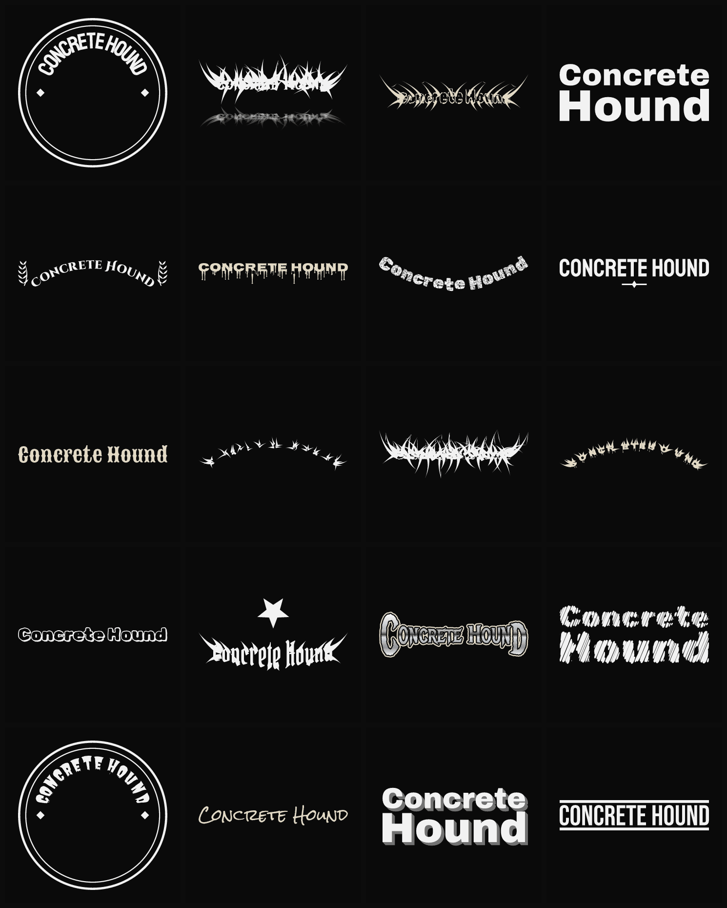 Twenty Concrete Hound band logo ideas — different faces, treatments and spike settings