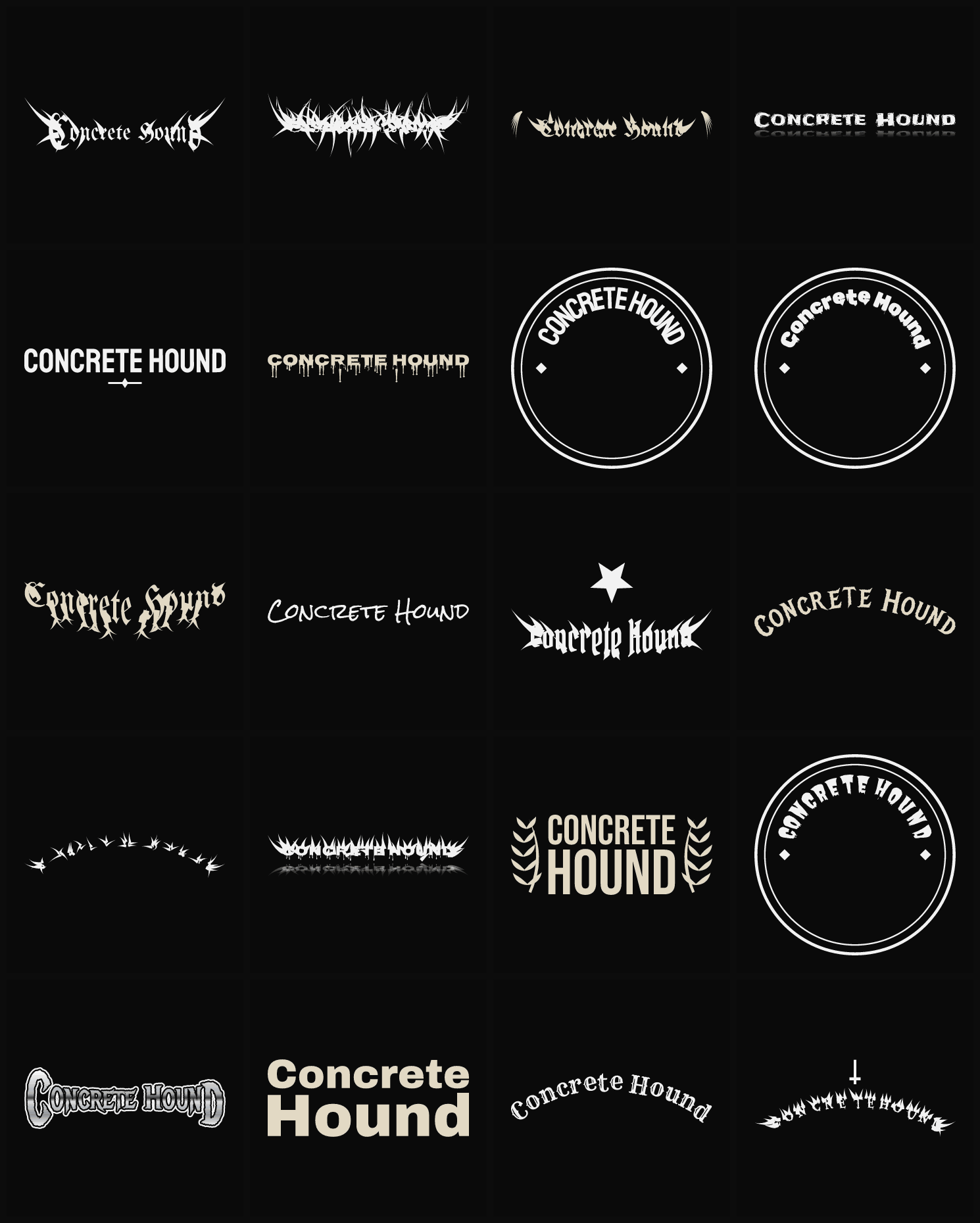 Twenty Concrete Hound band logo ideas — different faces, treatments and spike settings