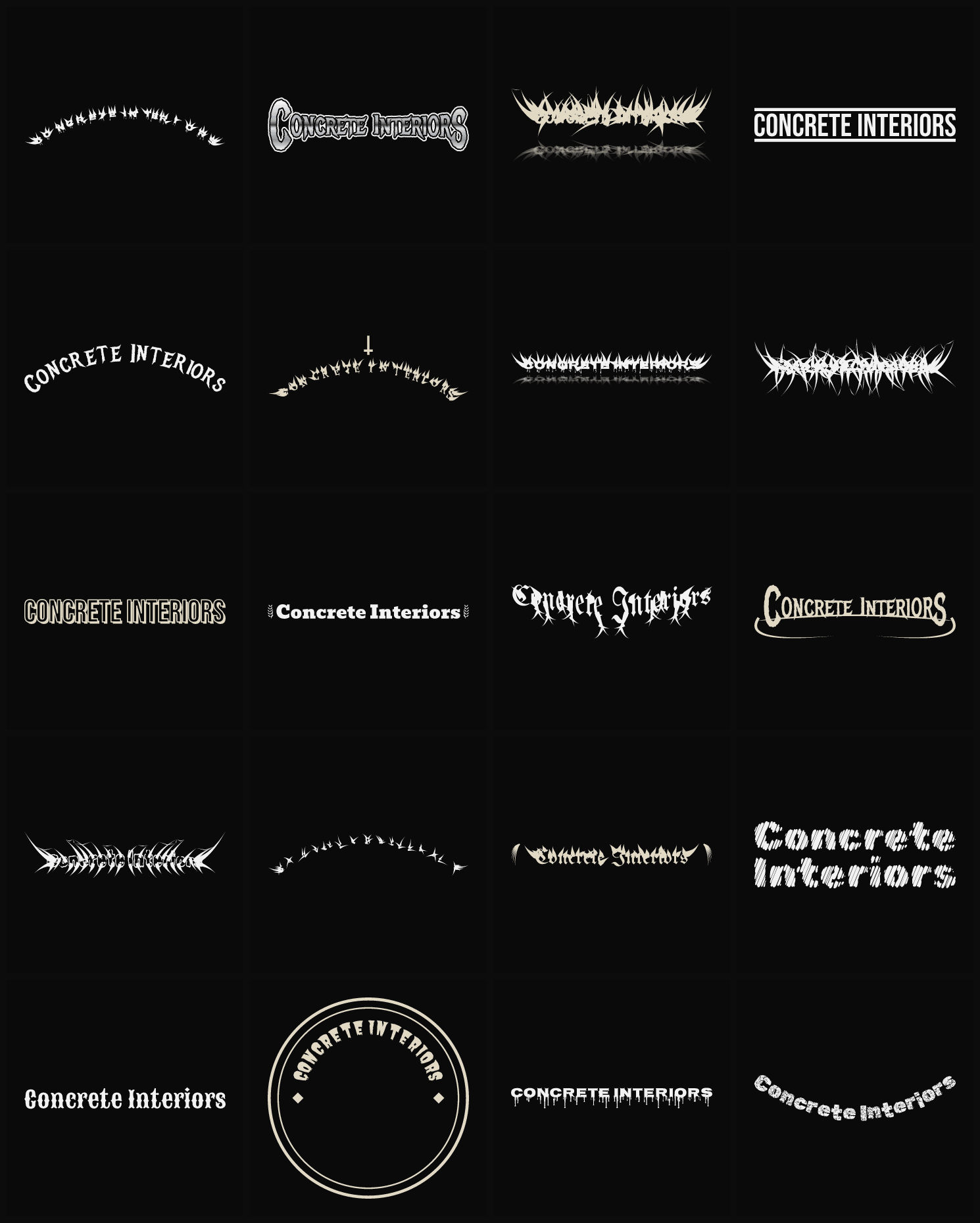 Twenty Concrete Interiors band logo ideas — different faces, treatments and spike settings