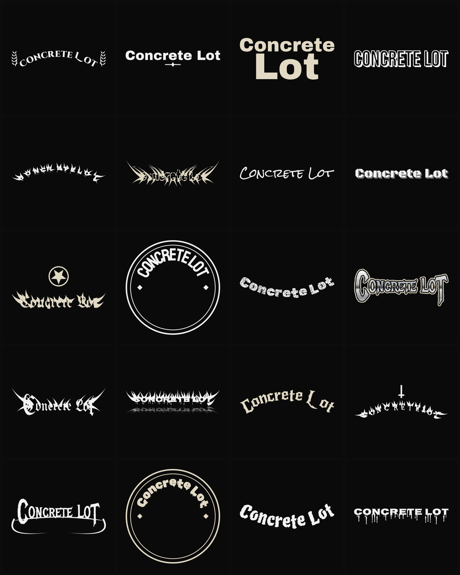 Twenty Concrete Lot band logo ideas — different faces, treatments and spike settings