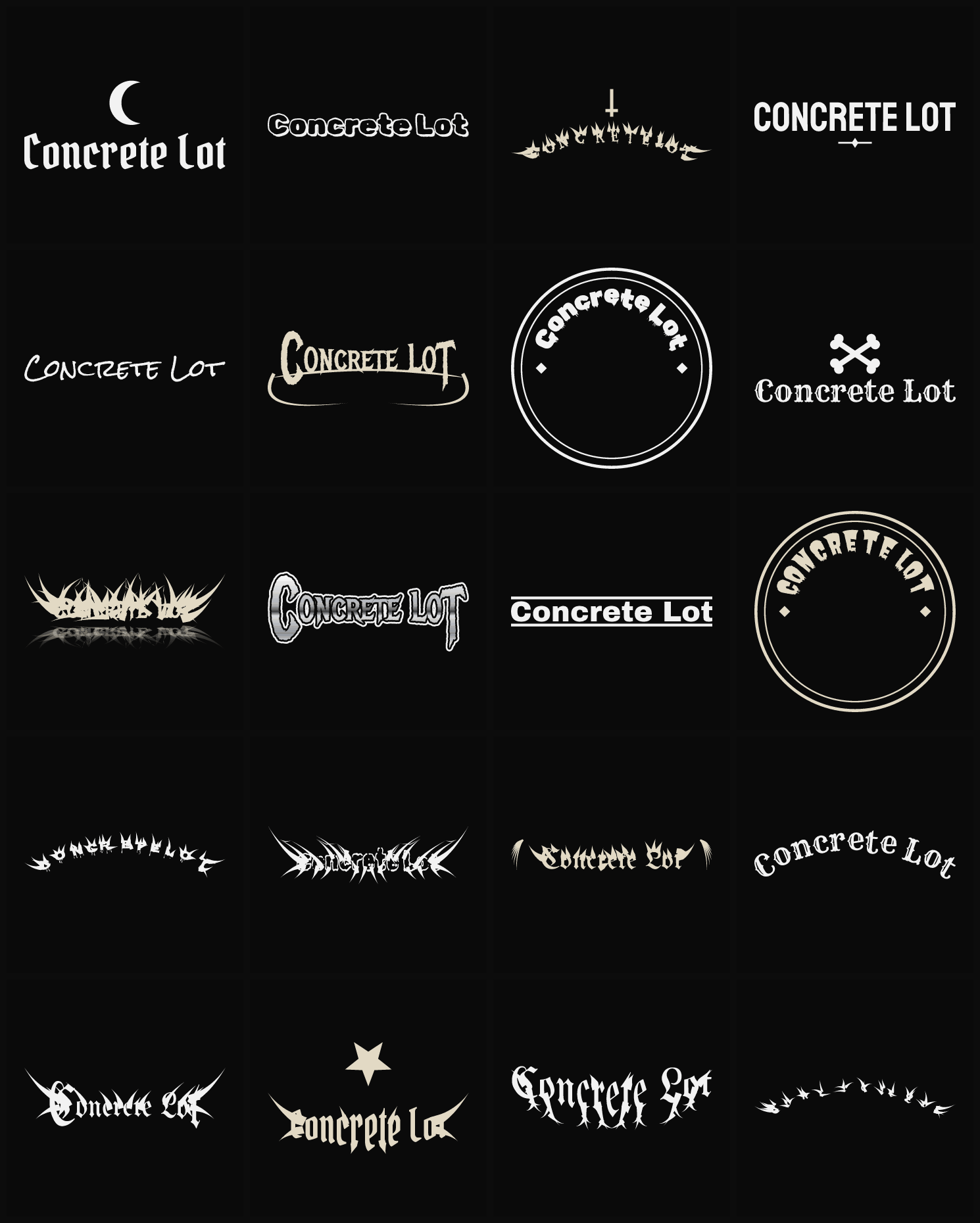 Twenty Concrete Lot band logo ideas — different faces, treatments and spike settings