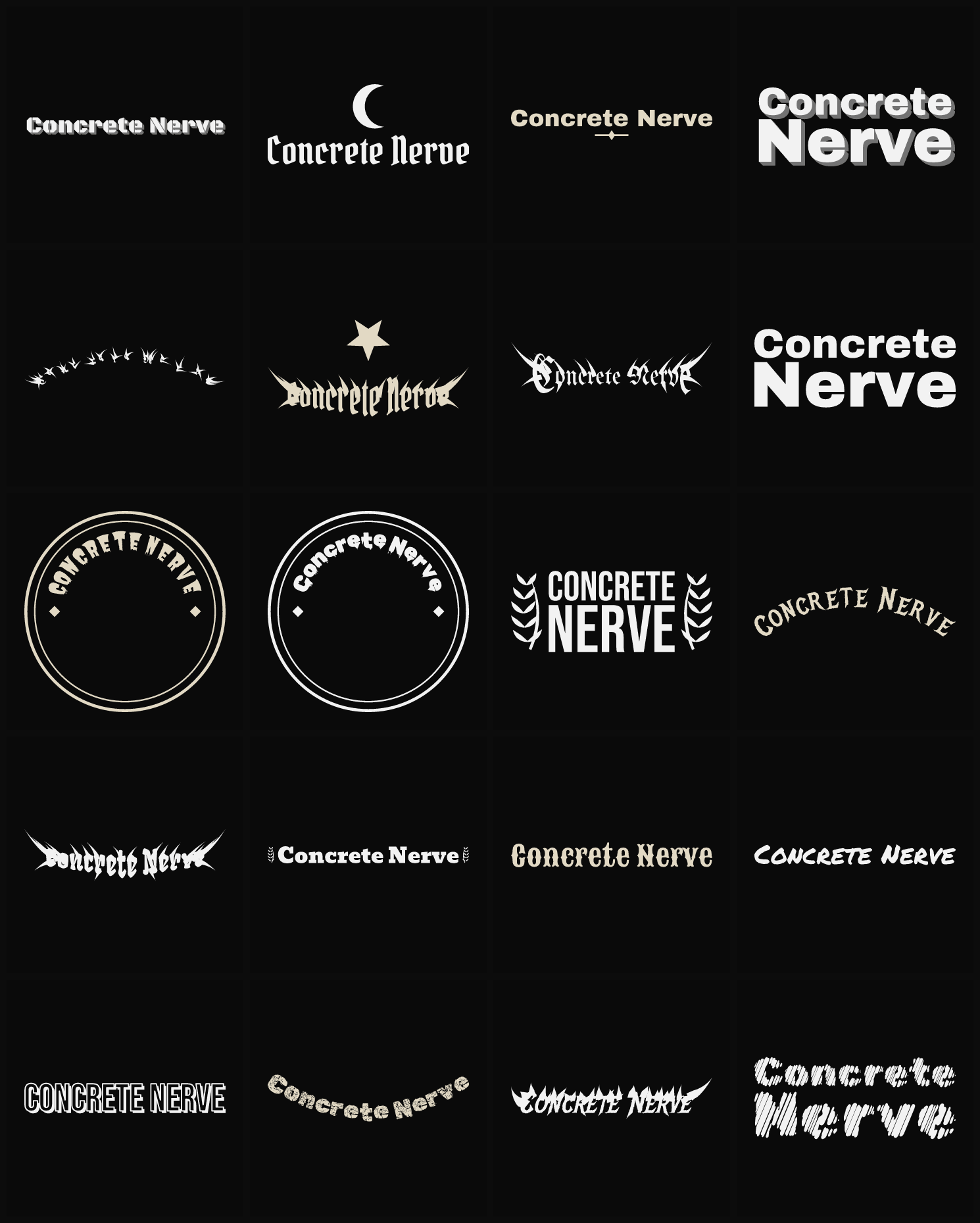 Twenty Concrete Nerve band logo ideas — different faces, treatments and spike settings