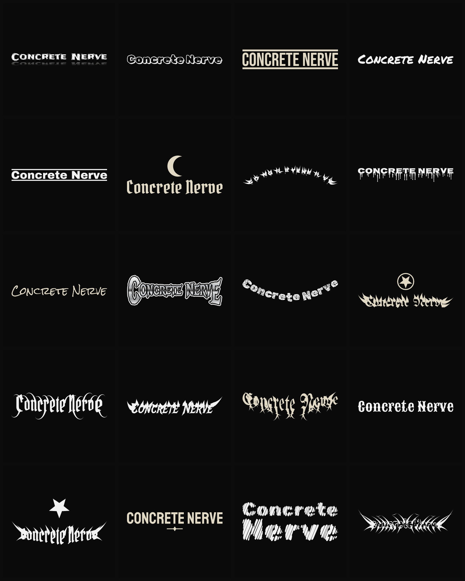 Twenty Concrete Nerve band logo ideas — different faces, treatments and spike settings