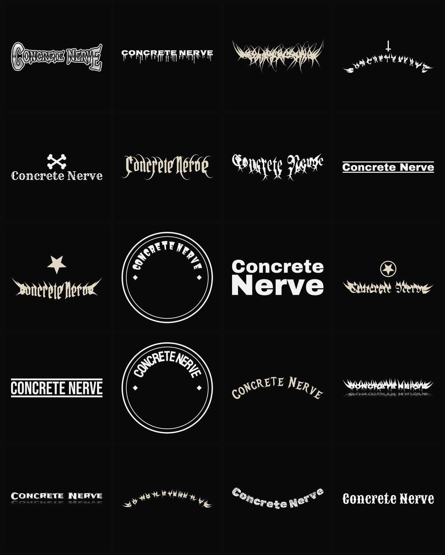 Twenty Concrete Nerve band logo ideas — different faces, treatments and spike settings