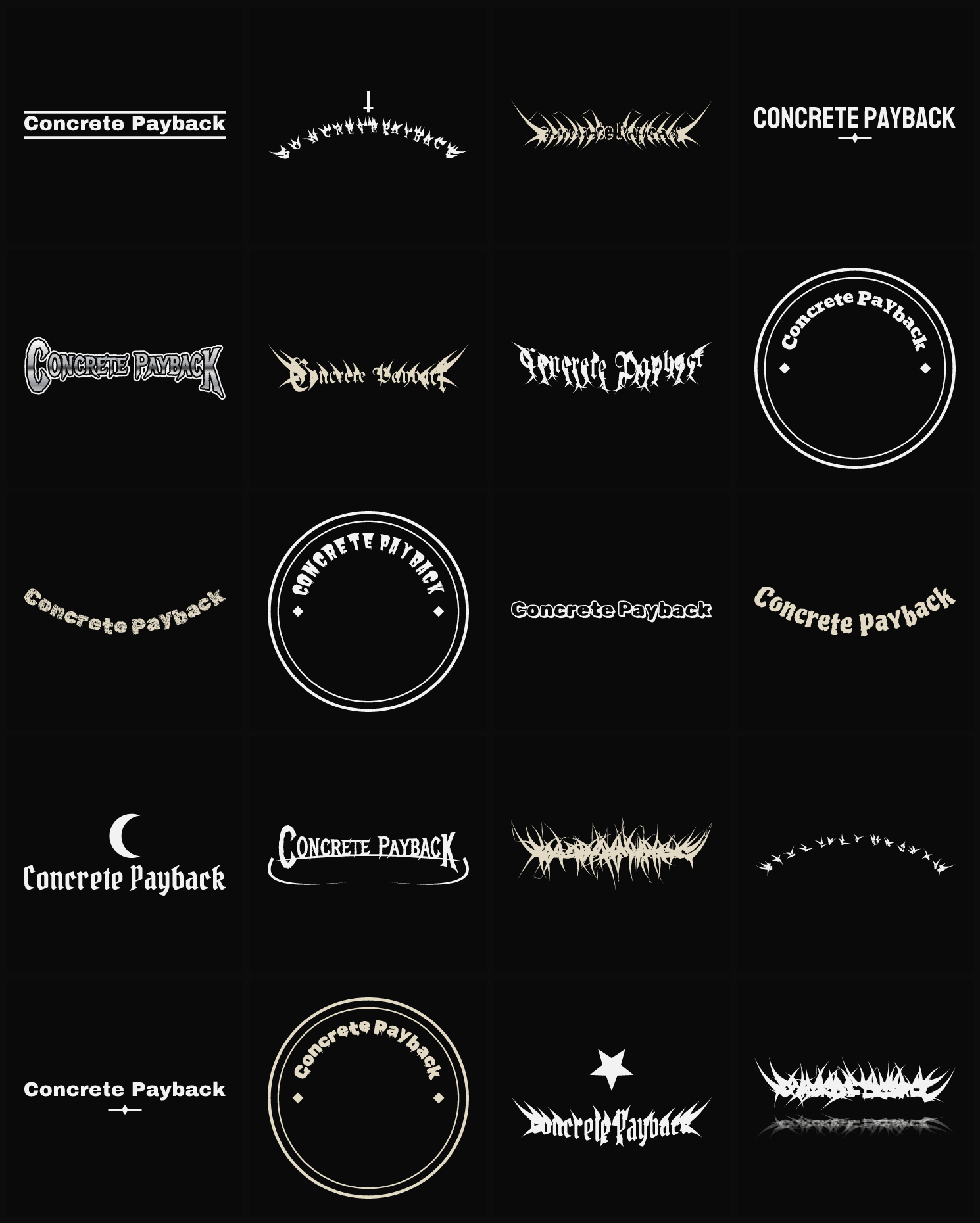 Twenty Concrete Payback band logo ideas — different faces, treatments and spike settings