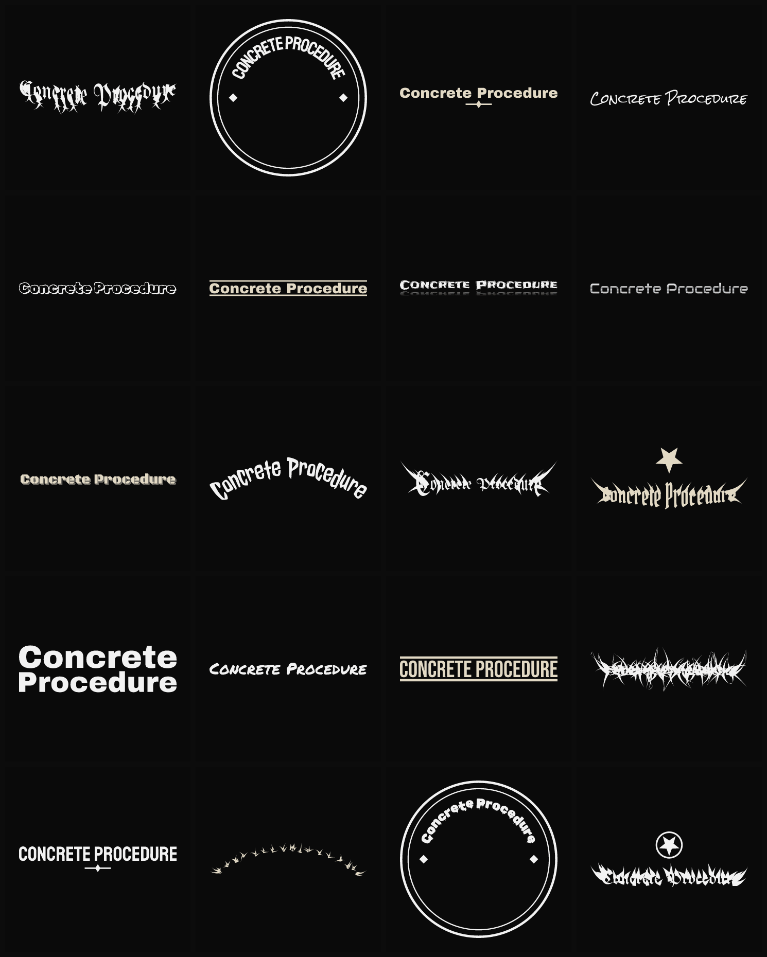 Twenty Concrete Procedure band logo ideas — different faces, treatments and spike settings
