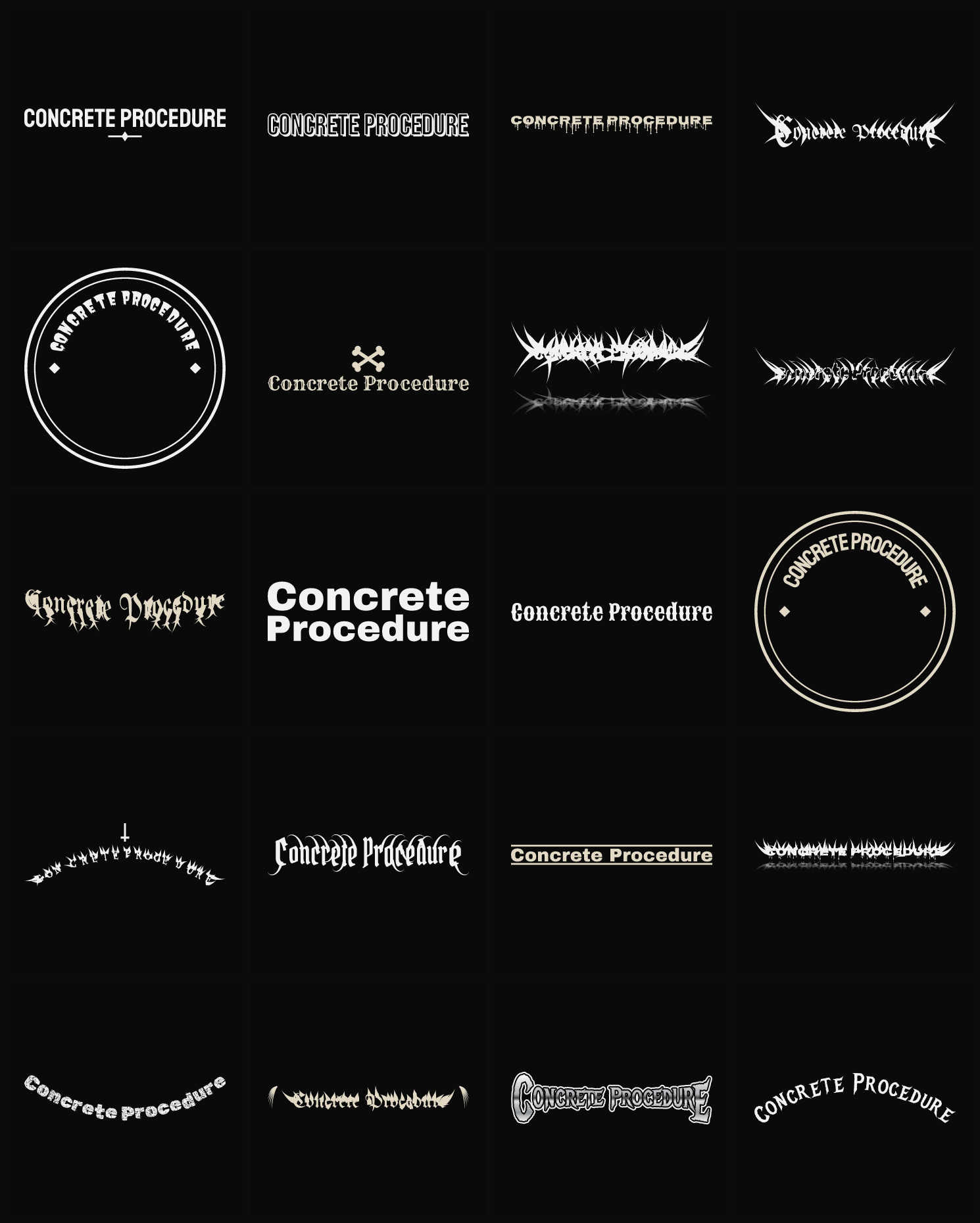 Twenty Concrete Procedure band logo ideas — different faces, treatments and spike settings