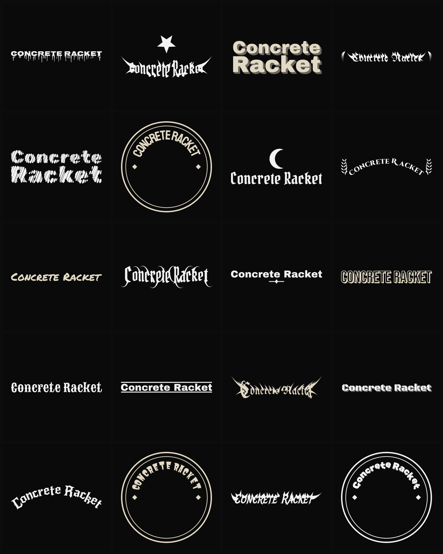 Twenty Concrete Racket band logo ideas — different faces, treatments and spike settings