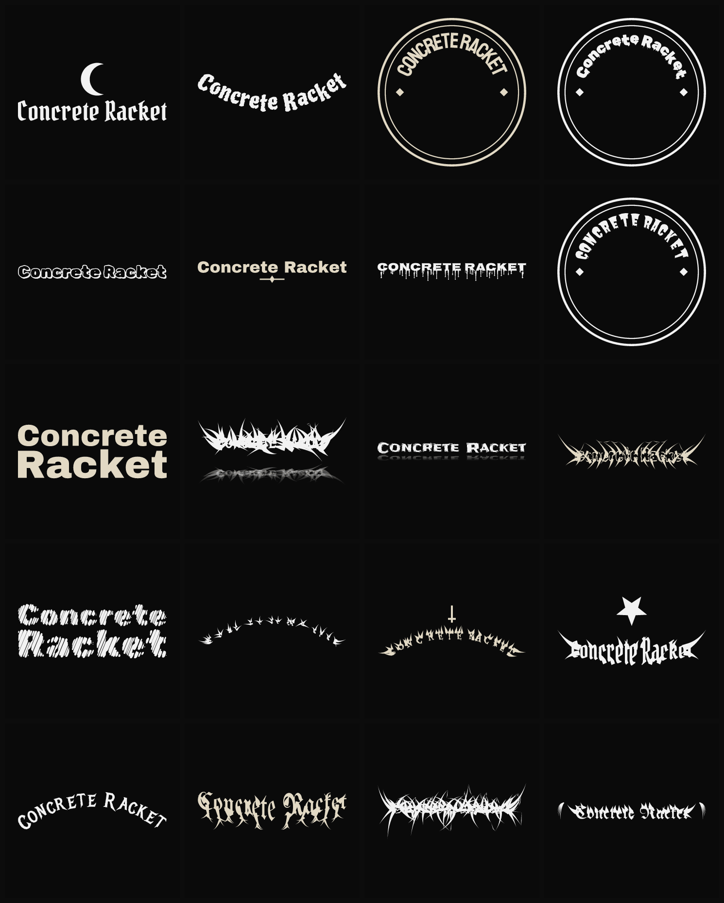 Twenty Concrete Racket band logo ideas — different faces, treatments and spike settings