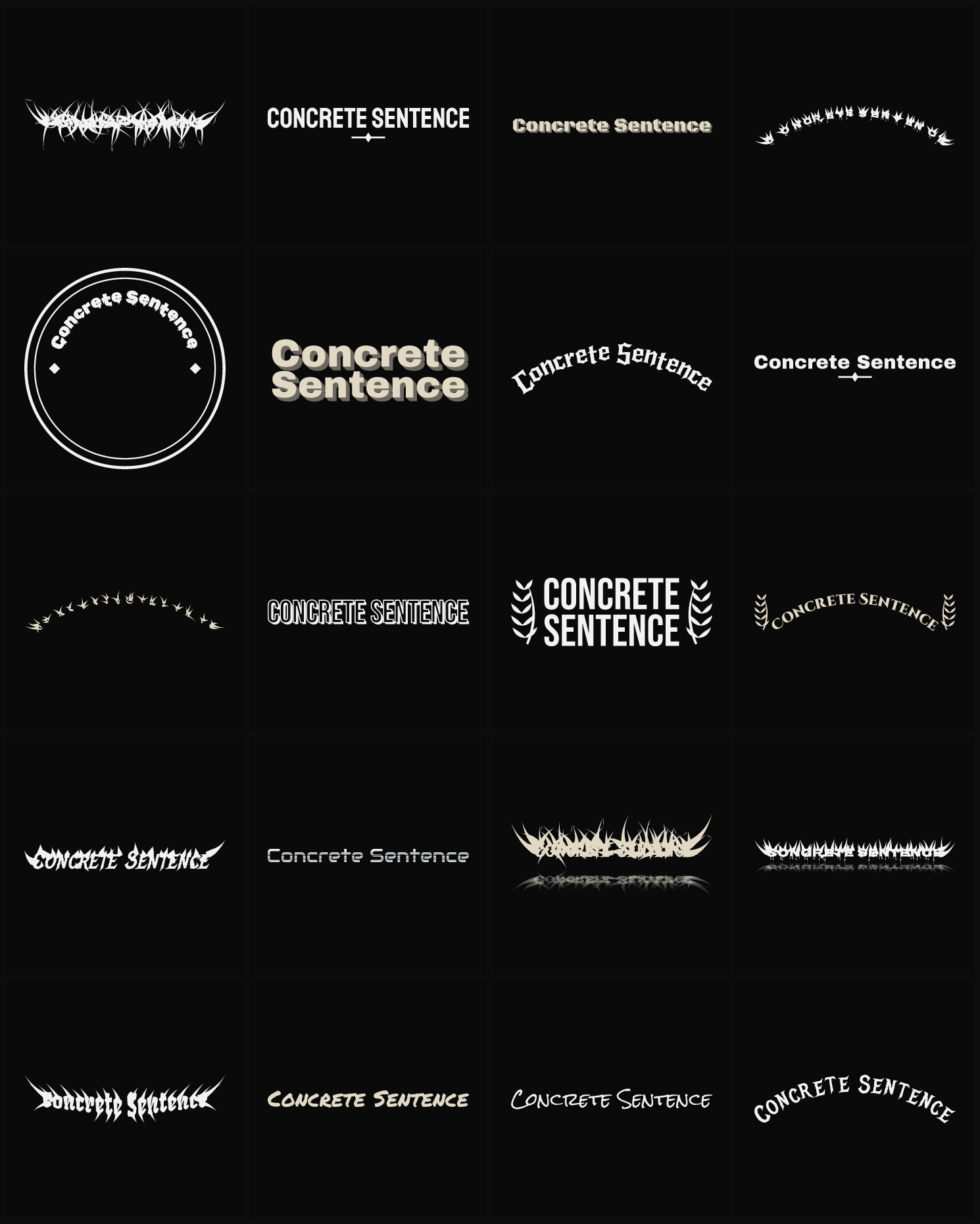 Twenty Concrete Sentence band logo ideas — different faces, treatments and spike settings