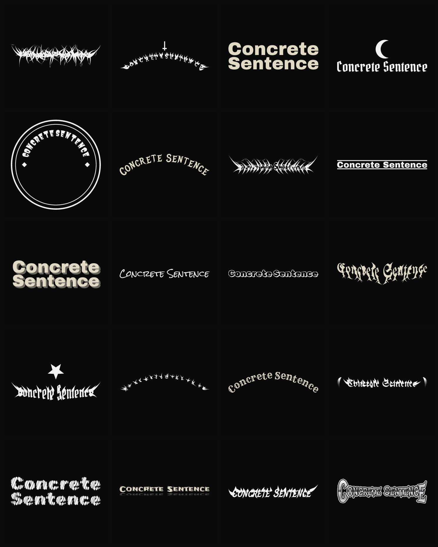 Twenty Concrete Sentence band logo ideas — different faces, treatments and spike settings
