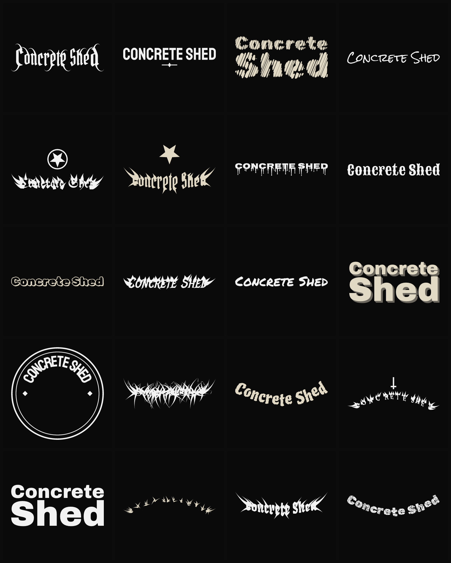 Twenty Concrete Shed band logo ideas — different faces, treatments and spike settings