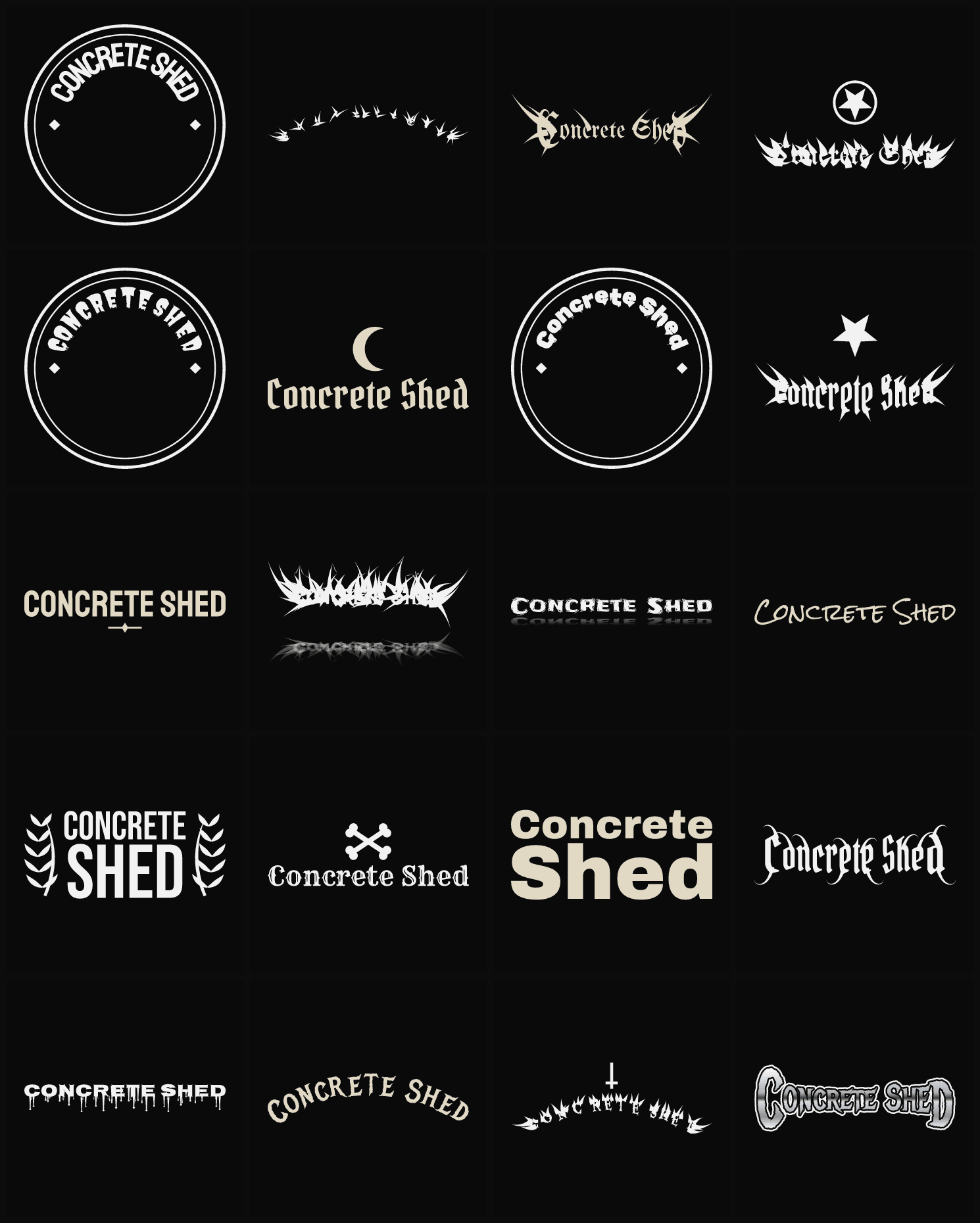 Twenty Concrete Shed band logo ideas — different faces, treatments and spike settings
