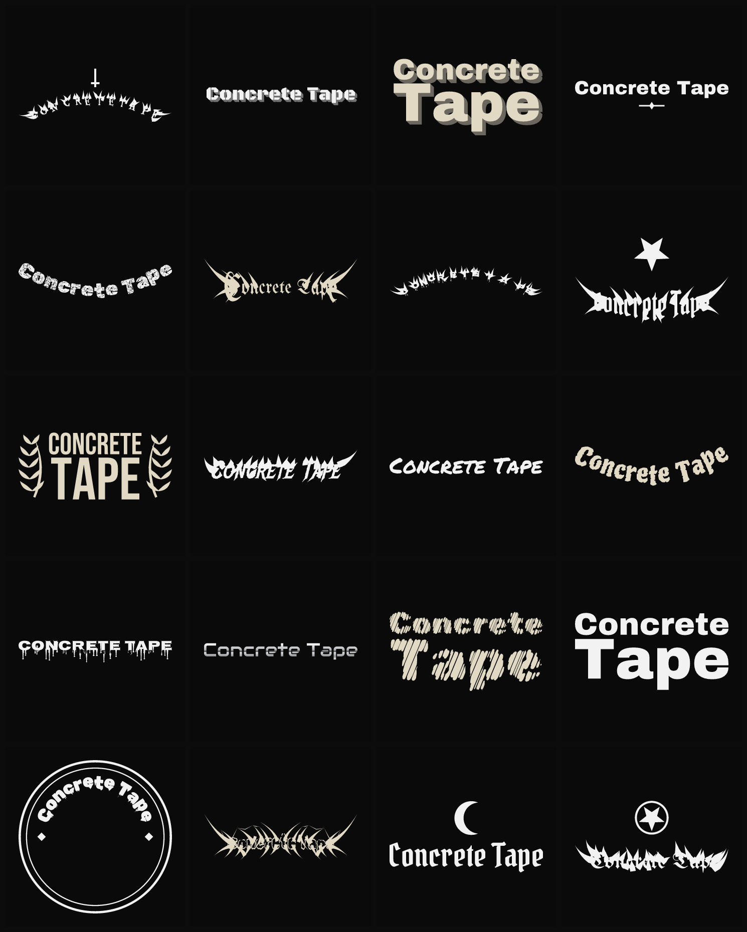 Twenty Concrete Tape band logo ideas — different faces, treatments and spike settings