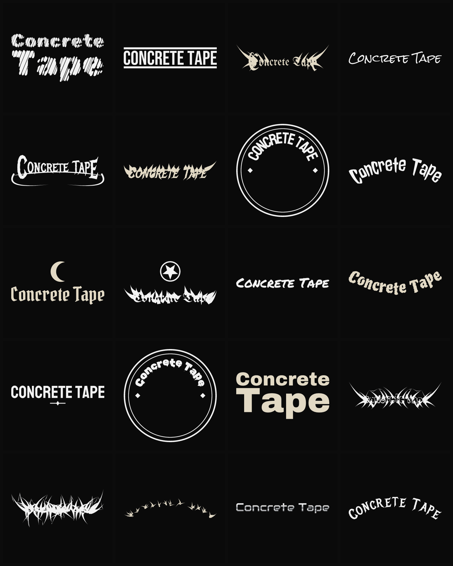 Twenty Concrete Tape band logo ideas — different faces, treatments and spike settings