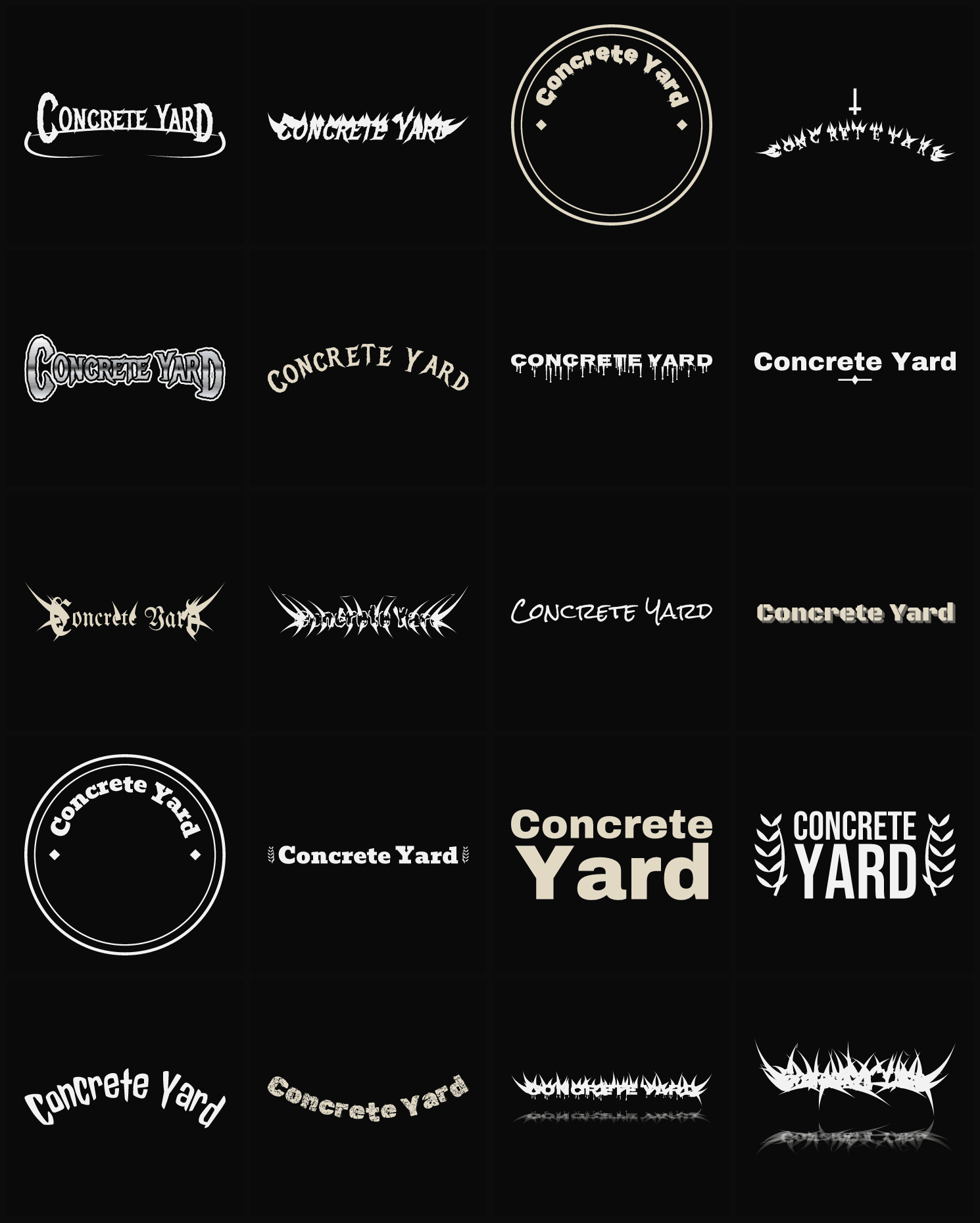 Twenty Concrete Yard band logo ideas — different faces, treatments and spike settings