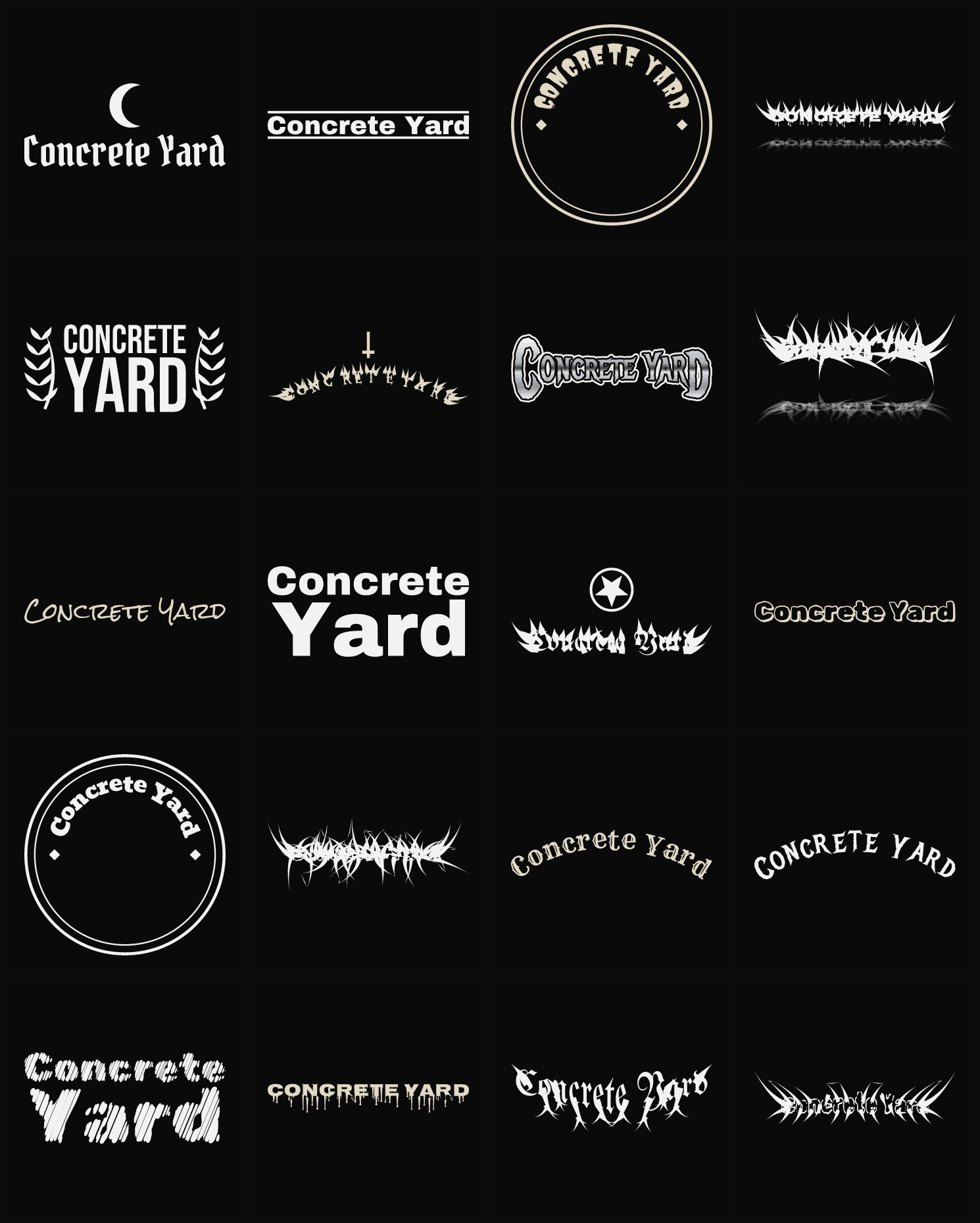 Twenty Concrete Yard band logo ideas — different faces, treatments and spike settings